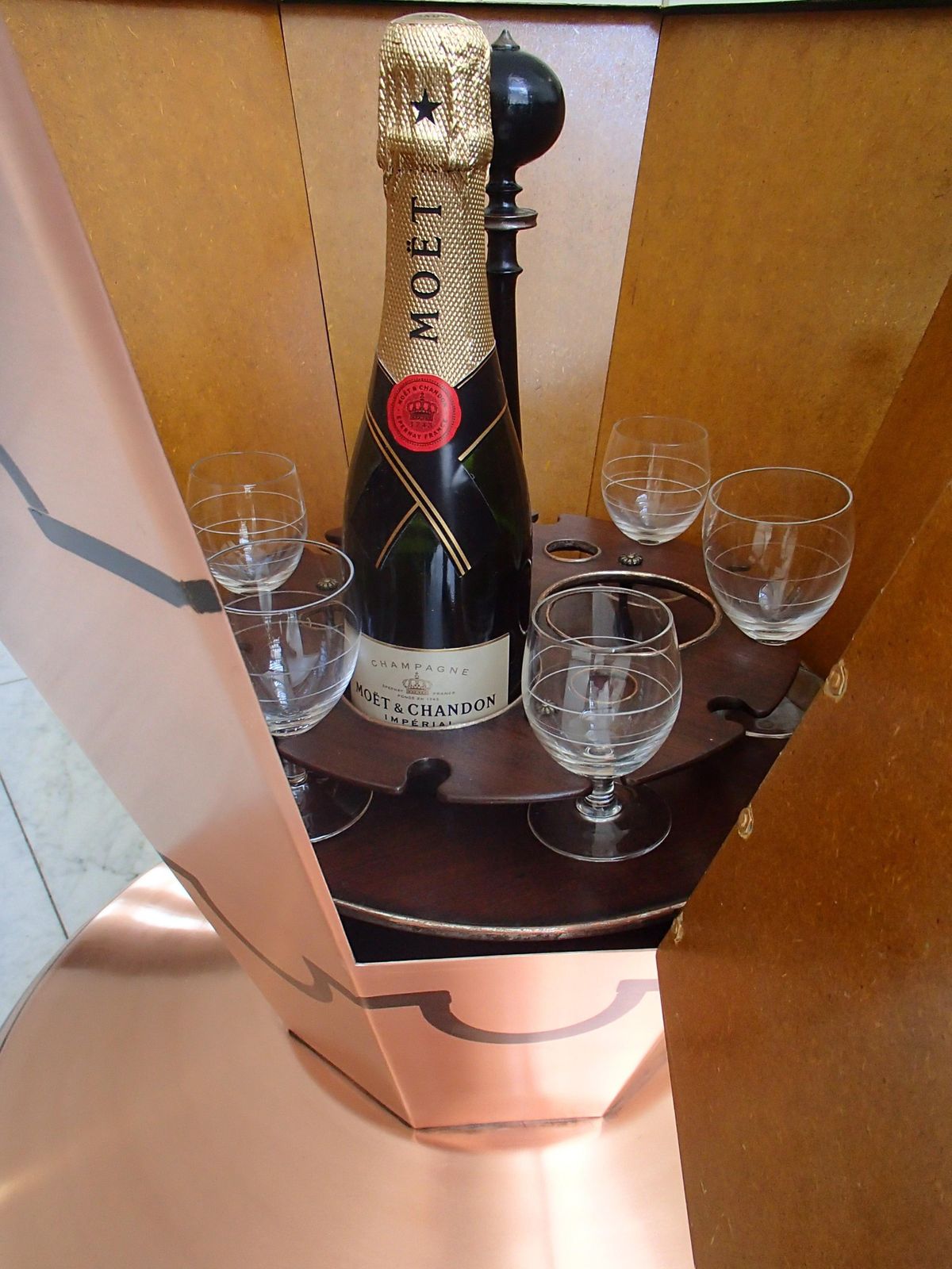 photo furniture Art Deco Copper Bar Table On Wheels With Turnable Tray Inside And Glass Top
