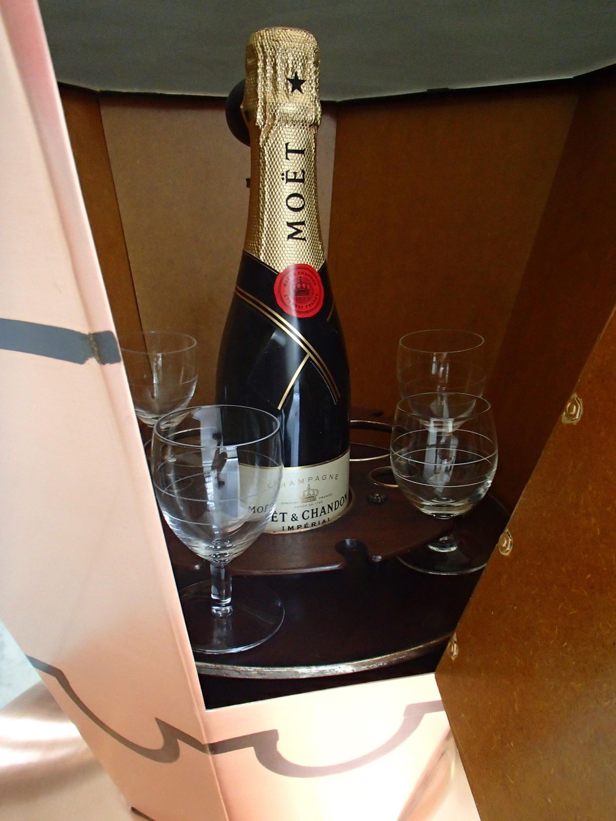 photo for sale Art Deco Copper Bar Table On Wheels With Turnable Tray Inside And Glass Top