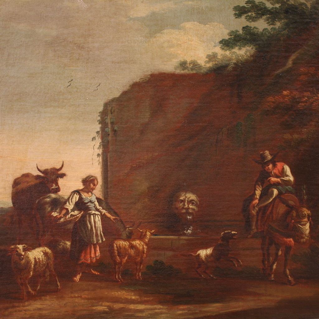 17th Century Bucolic Landscape Painting With Figures, Pastoral Scene photo furniture