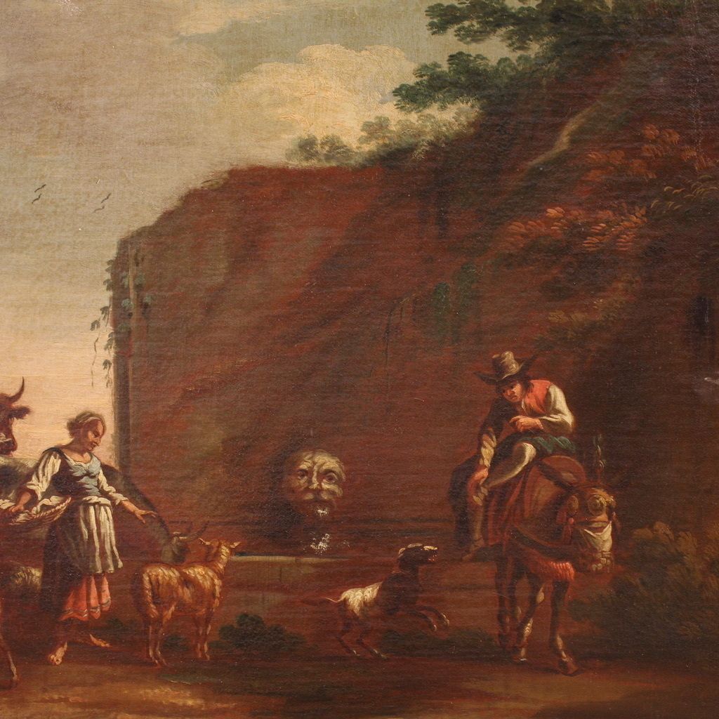 17th Century Bucolic Landscape Painting With Figures, Pastoral Scene photo vinterior