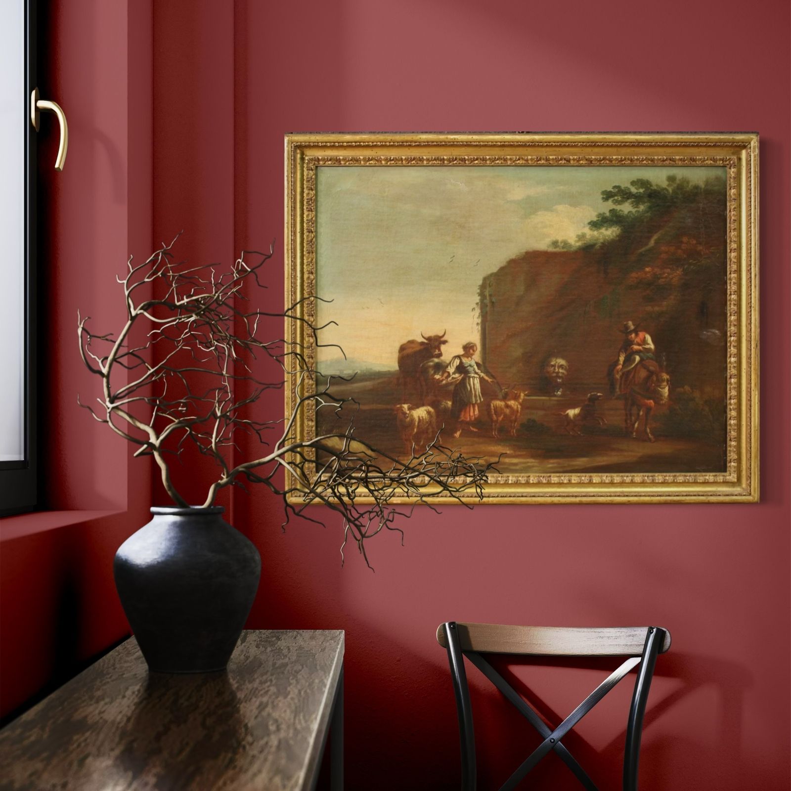photo vintage 17th Century Bucolic Landscape Painting With Figures, Pastoral Scene