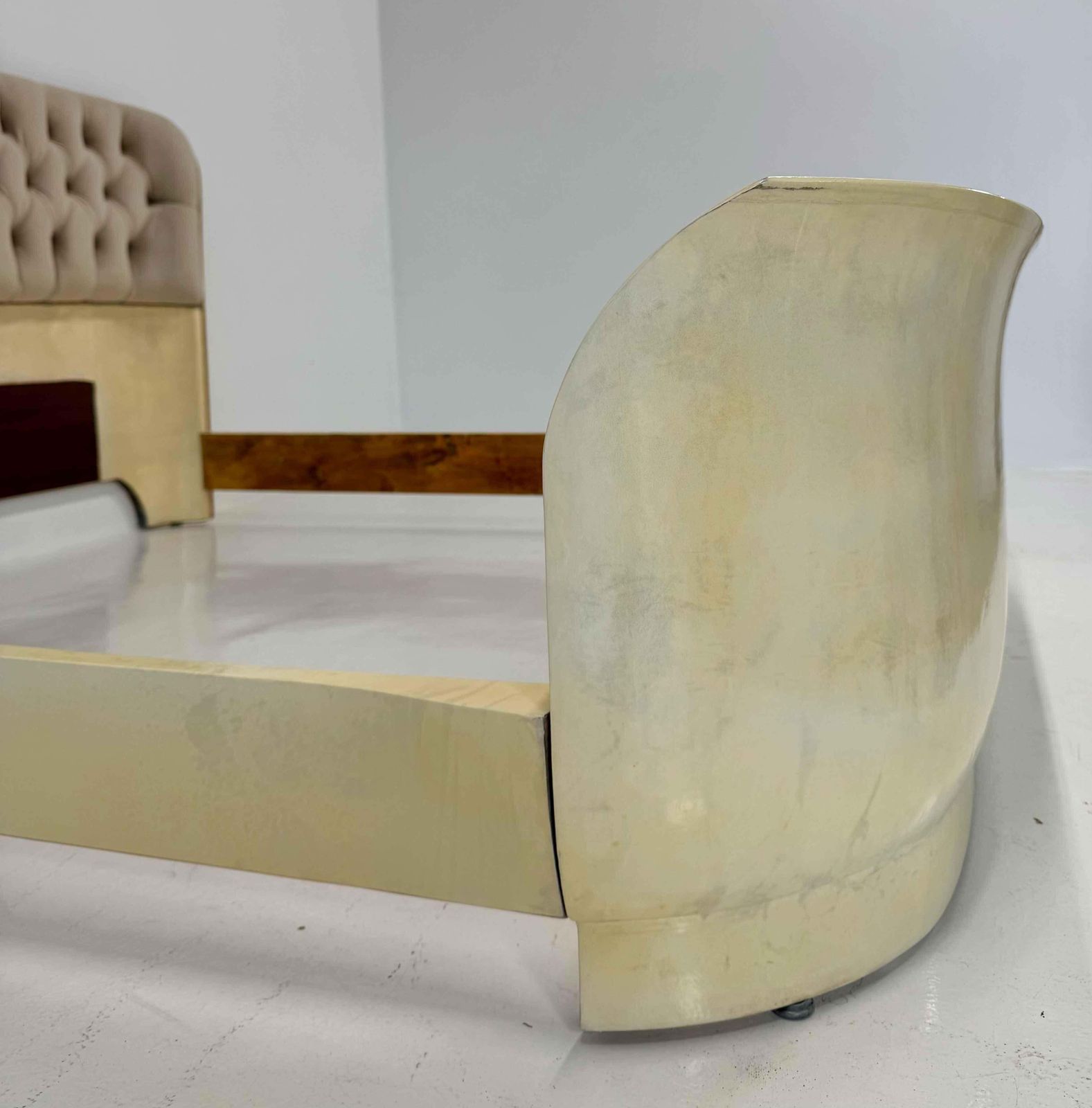 Italian Art Deco Bed Parchment Leather And Velvet 1940s Restored photo 9368.0