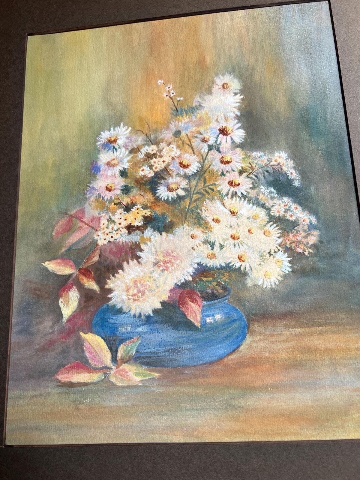Original 1930s Painting Daisies In A Blue Bowl. Gallery Wall Decor. photo for sale