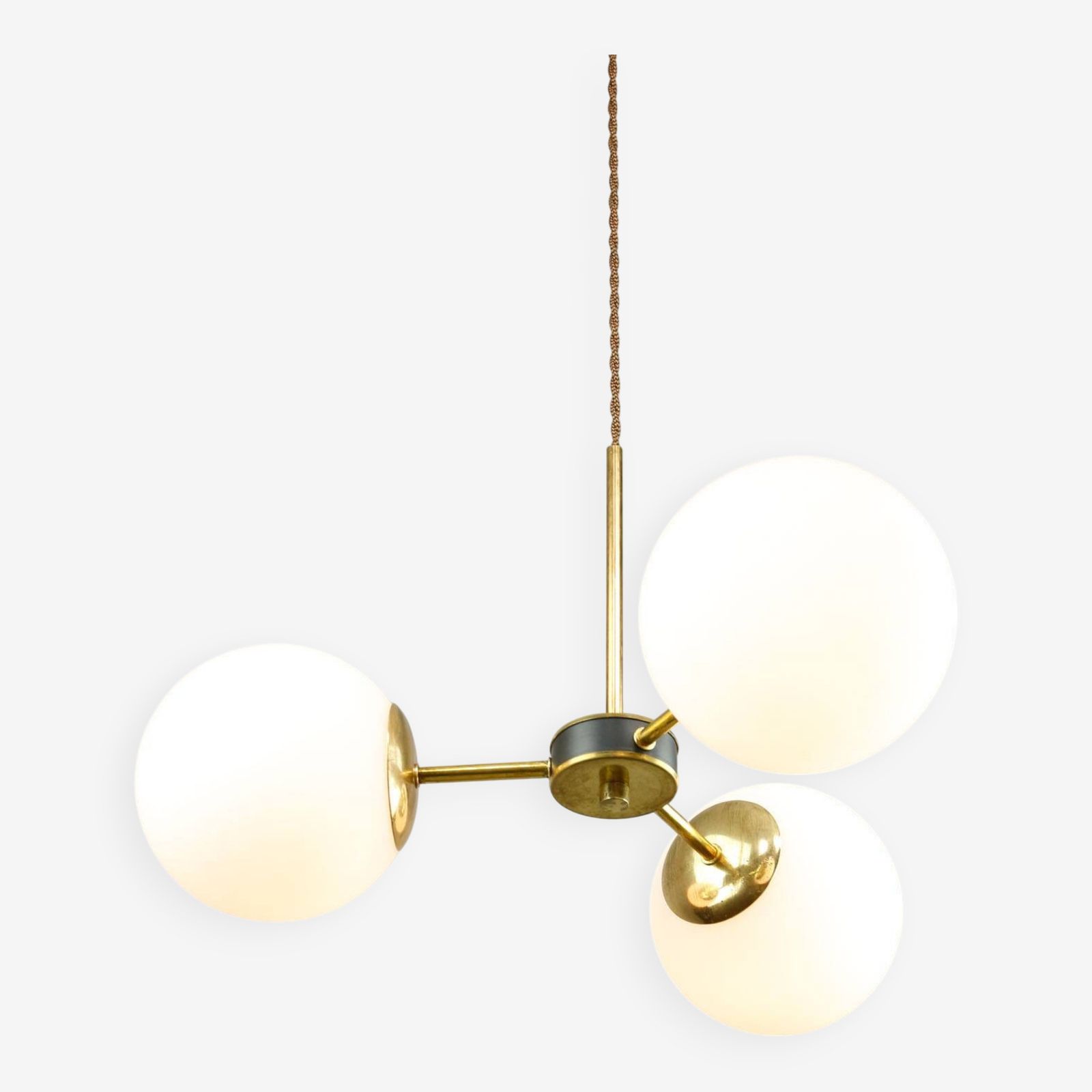Mid Century Modern Italian Chandelier In Brass And Opaline Glass, 1960s