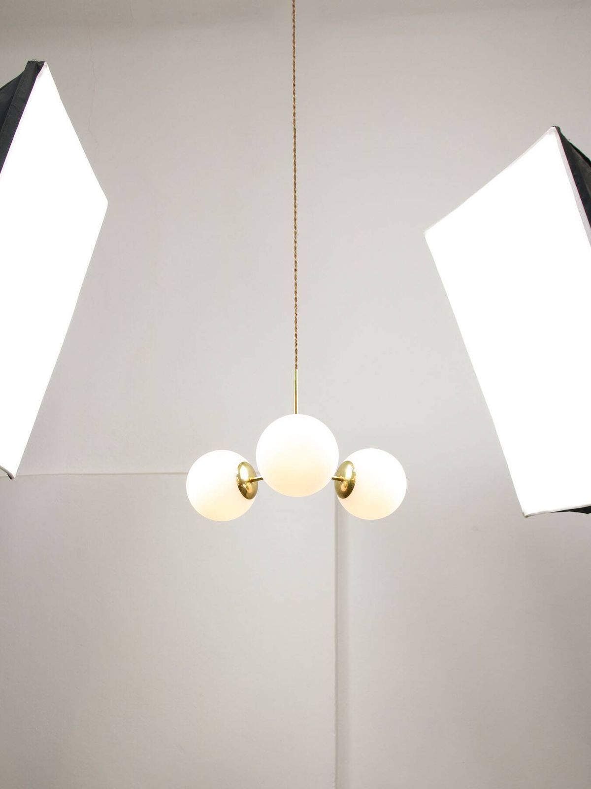 Mid Century Modern Italian Chandelier In Brass And Opaline Glass, 1960s photo vinterior