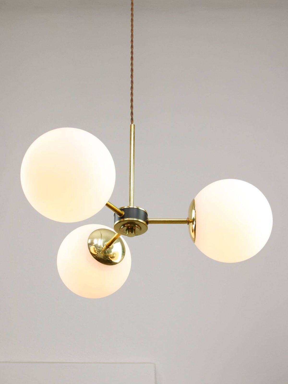 Mid Century Modern Italian Chandelier In Brass And Opaline Glass, 1960s photo furniture