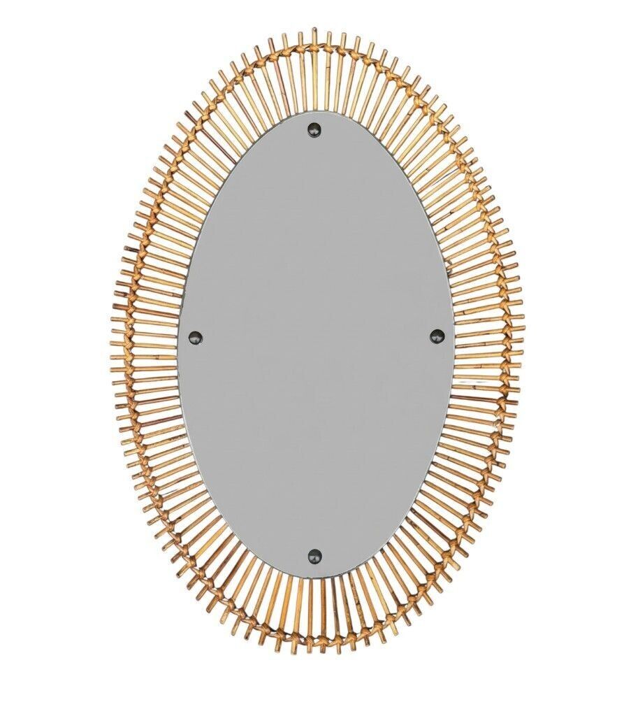 A Large 1960s Bonacina Italian Oval Pencil Reed Bamboo Mirror With Brass Detail