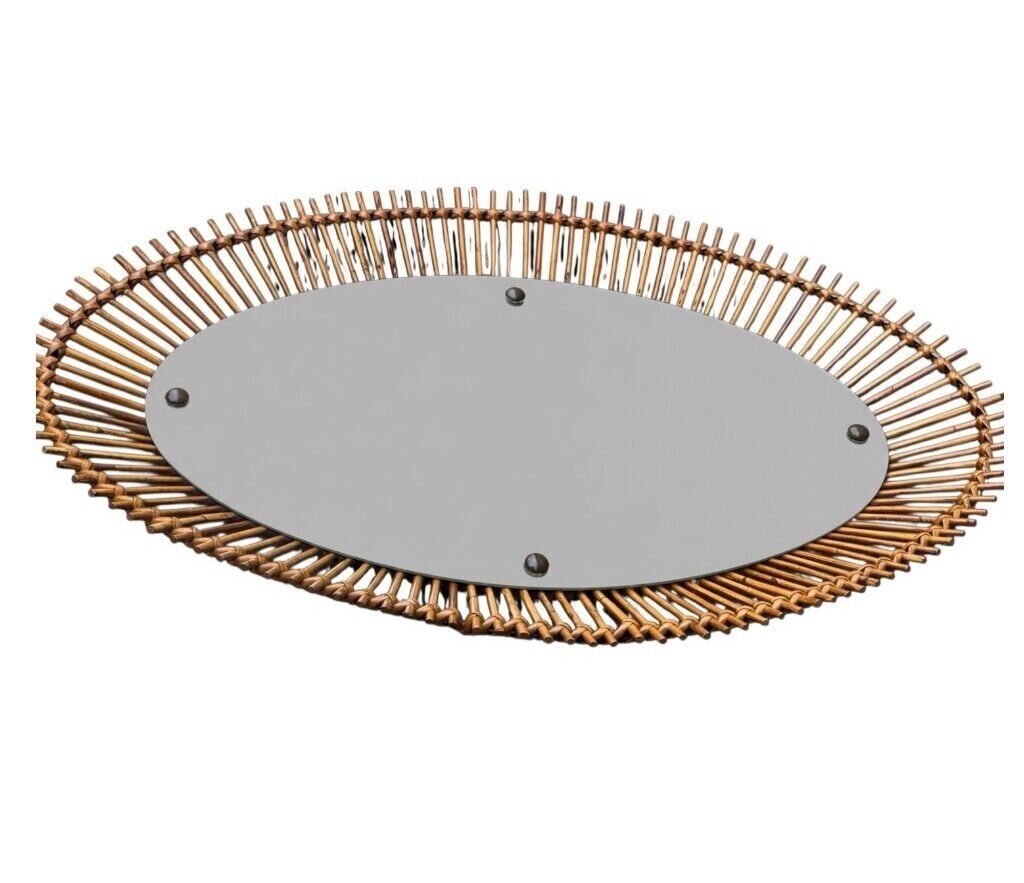 A Large 1960s Bonacina Italian Oval Pencil Reed Bamboo Mirror With Brass Detail photo vinterior