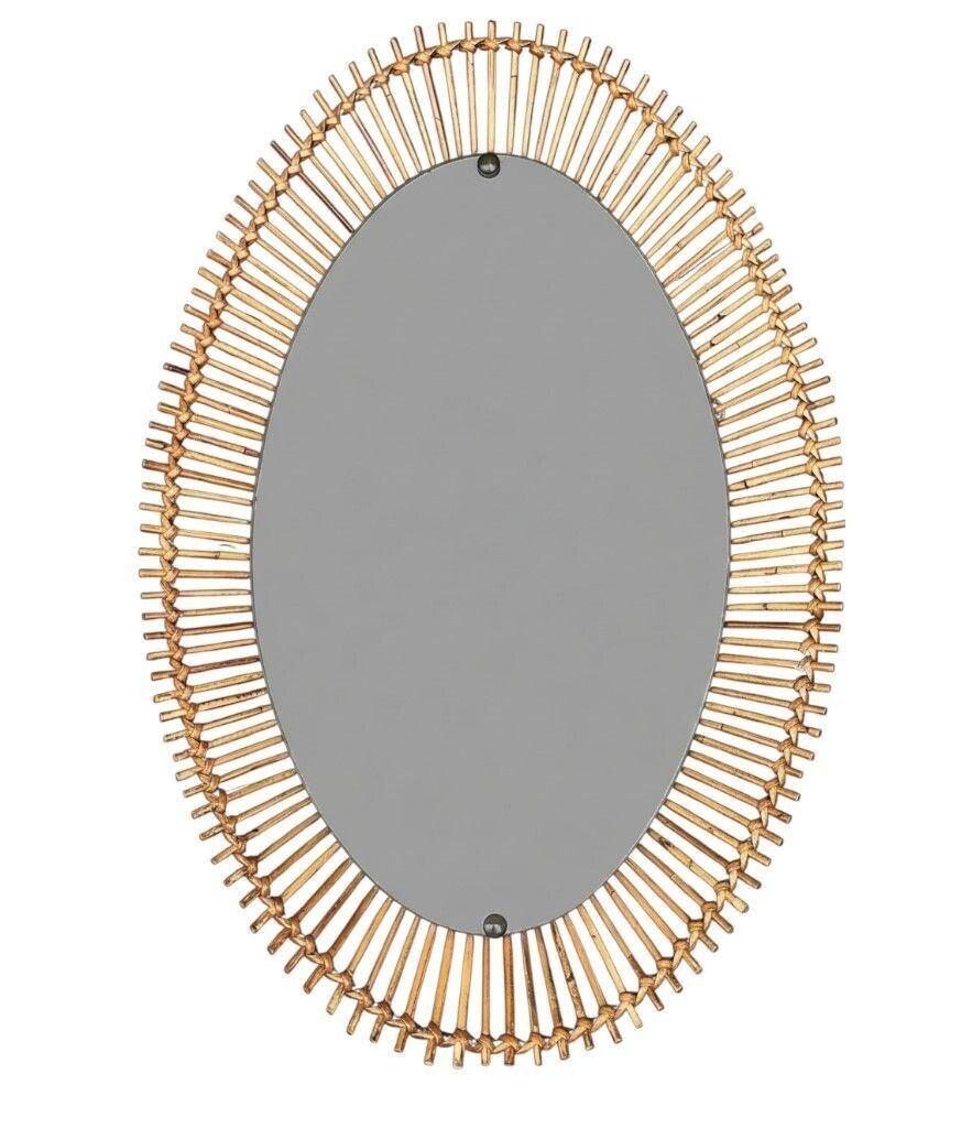 1175.0 A Large 1960s Bonacina Italian Oval Pencil Reed Bamboo Mirror With Brass Detail photo