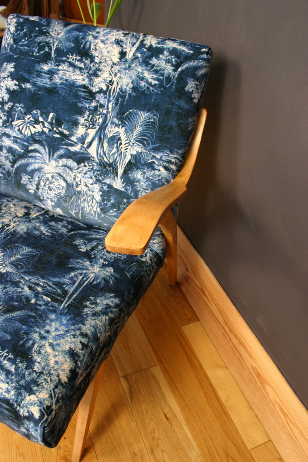 Mid Century Armchair Reupholstered In Linwood Velvet   Sculptural Oak Frame   1950s Modern Design photo vinterior
