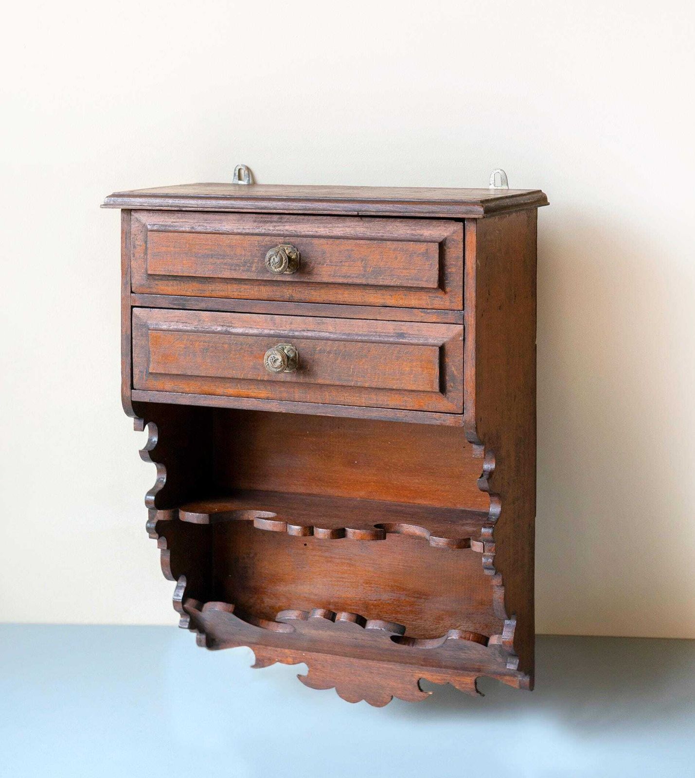 Antique Oak Hanging Cabinet With Two Drawers   Victorian Wall Unit