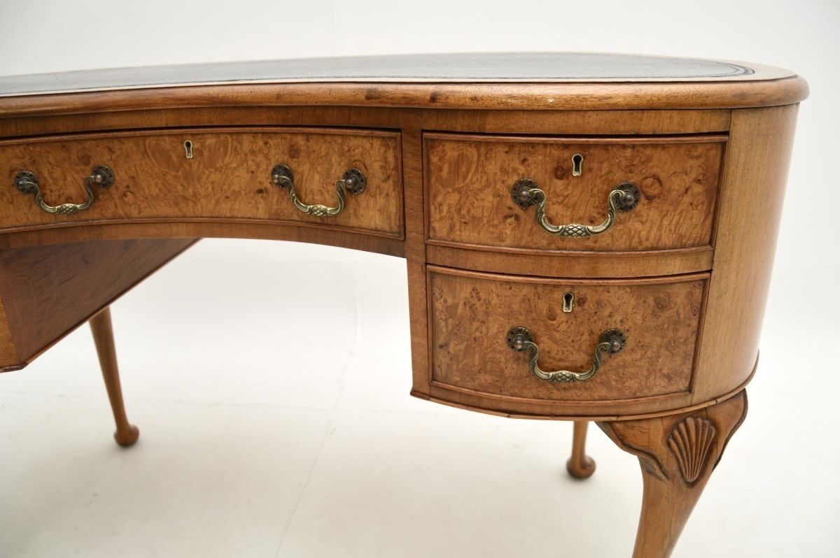 Antique Burr Walnut Leather Top Kidney Shaped Desk photo vintage