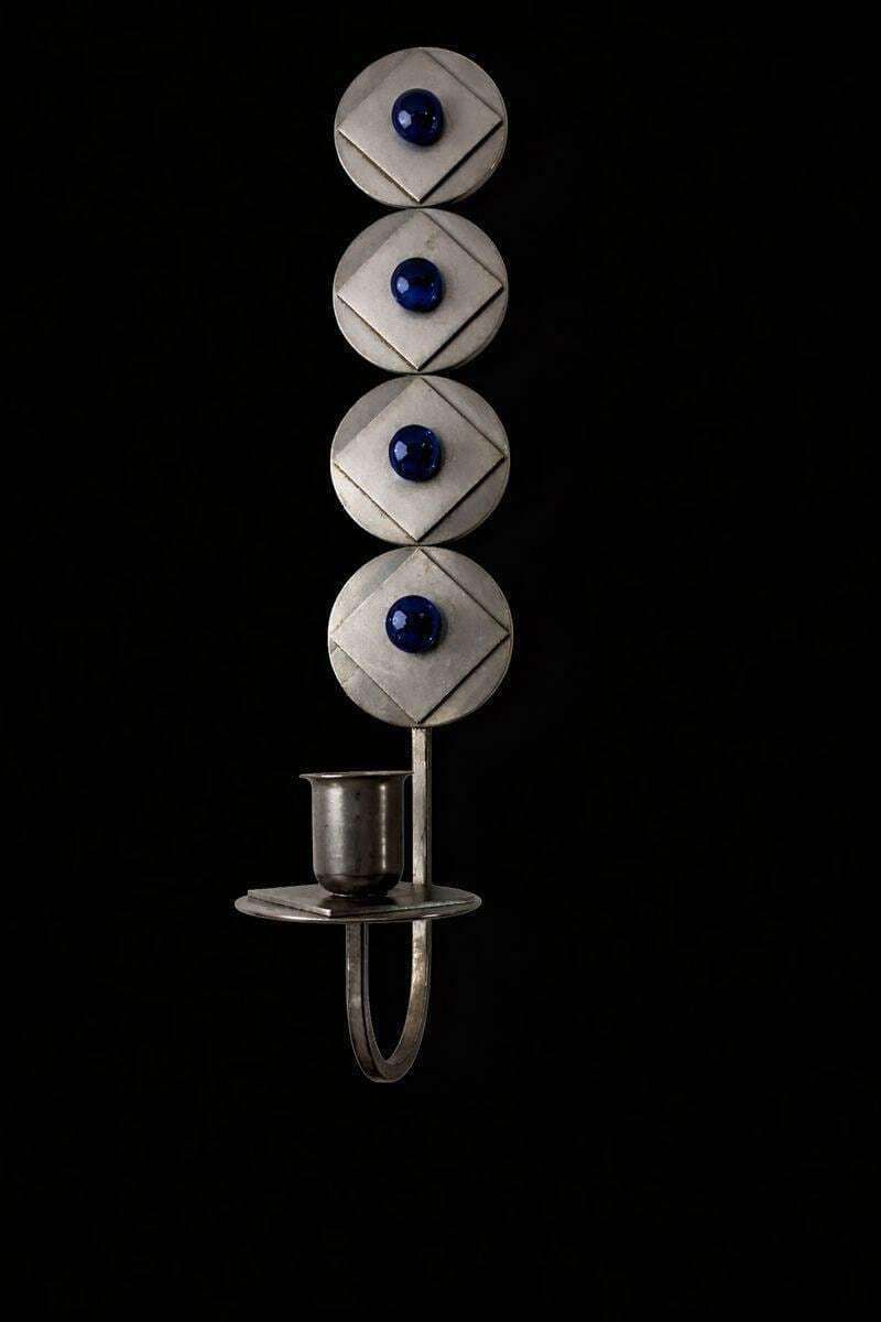 Wall Hanging Rare Scandinavian Brutalist / Industrial Wall Candle Holder With Blue Glass Cabochons – Sweden C.1960 photo furniture