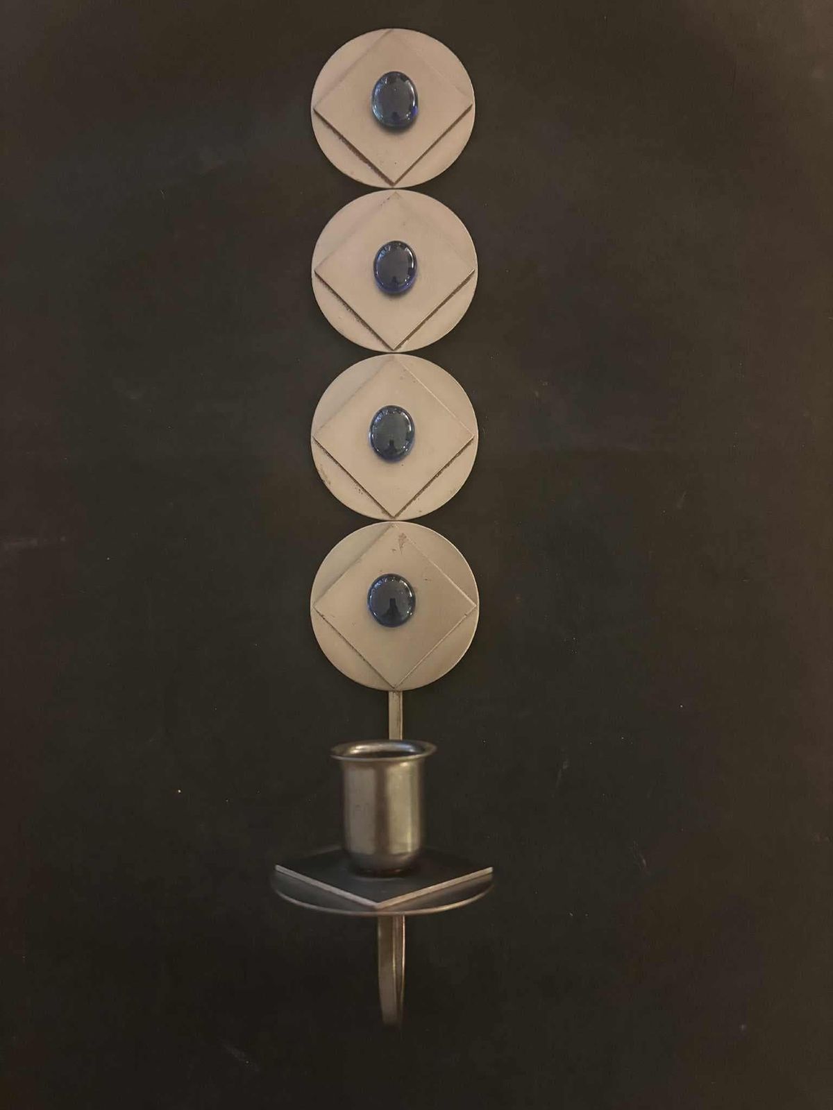 Wall Hanging Rare Scandinavian Brutalist / Industrial Wall Candle Holder With Blue Glass Cabochons – Sweden C.1960 photo Home Decor