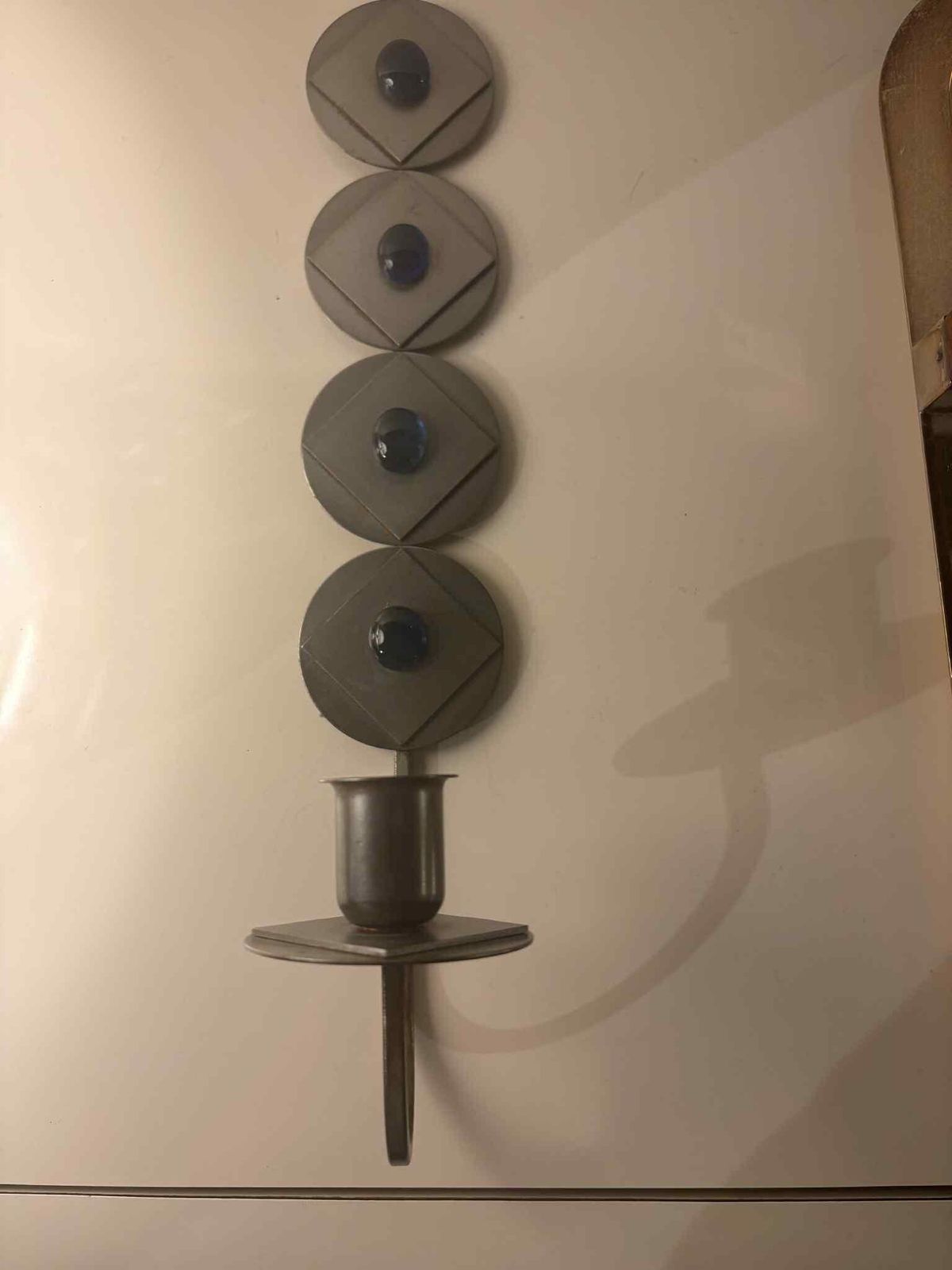 photo vinterior Wall Hanging Rare Scandinavian Brutalist / Industrial Wall Candle Holder With Blue Glass Cabochons – Sweden C.1960