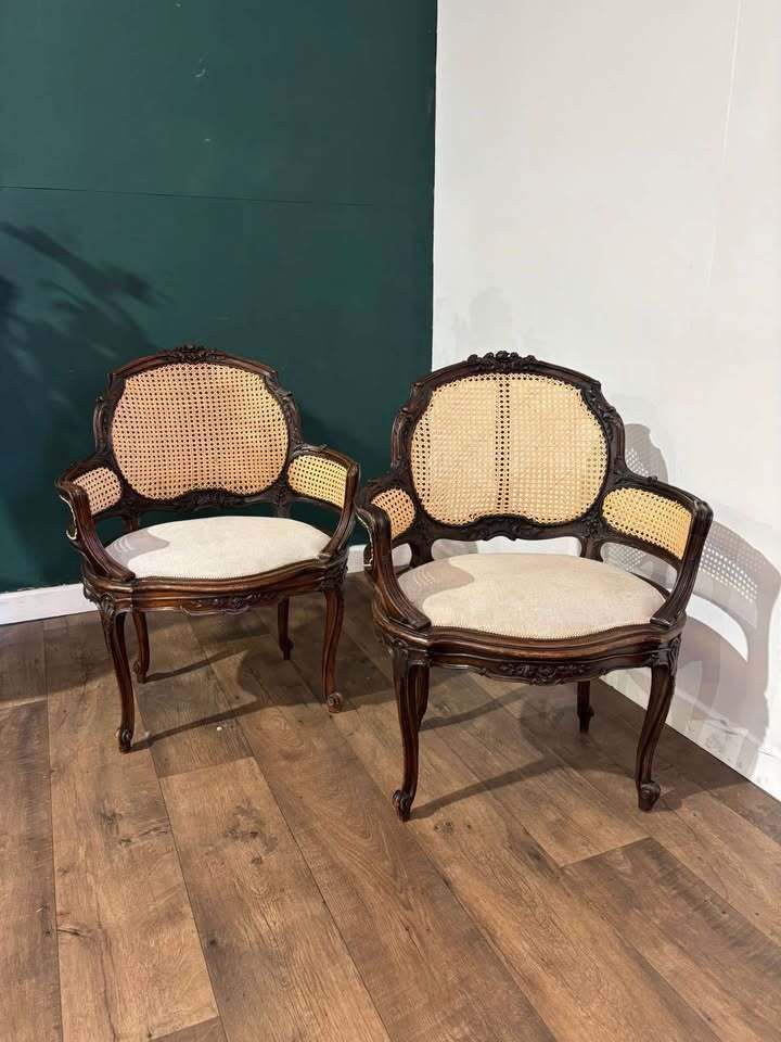 photo buy Pair Of French Louis XV Style Walnut Bergere Elbow Chairs
