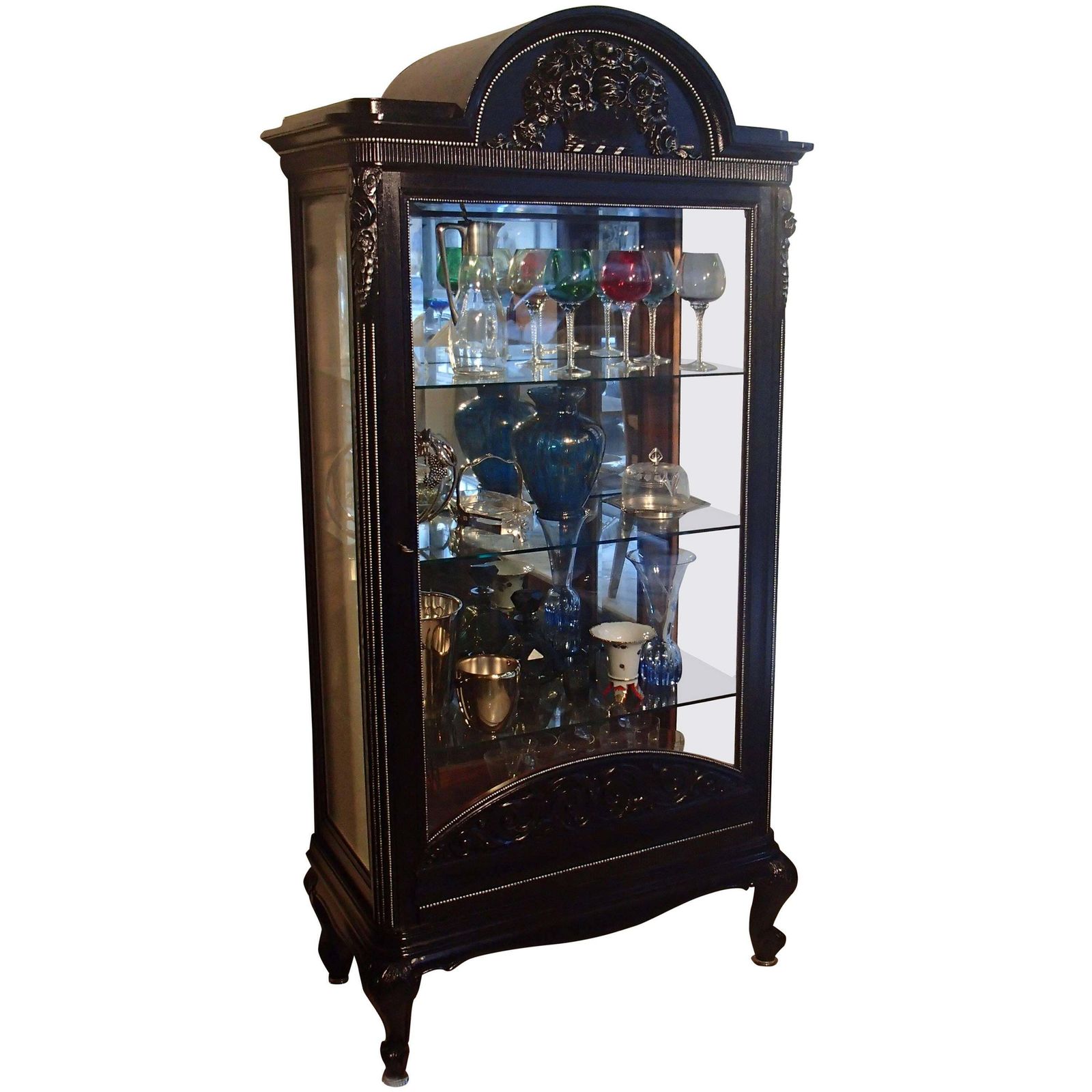 1880s Black Oak Cabinet With Carved Ornaments Original Silver Chrome Mirror