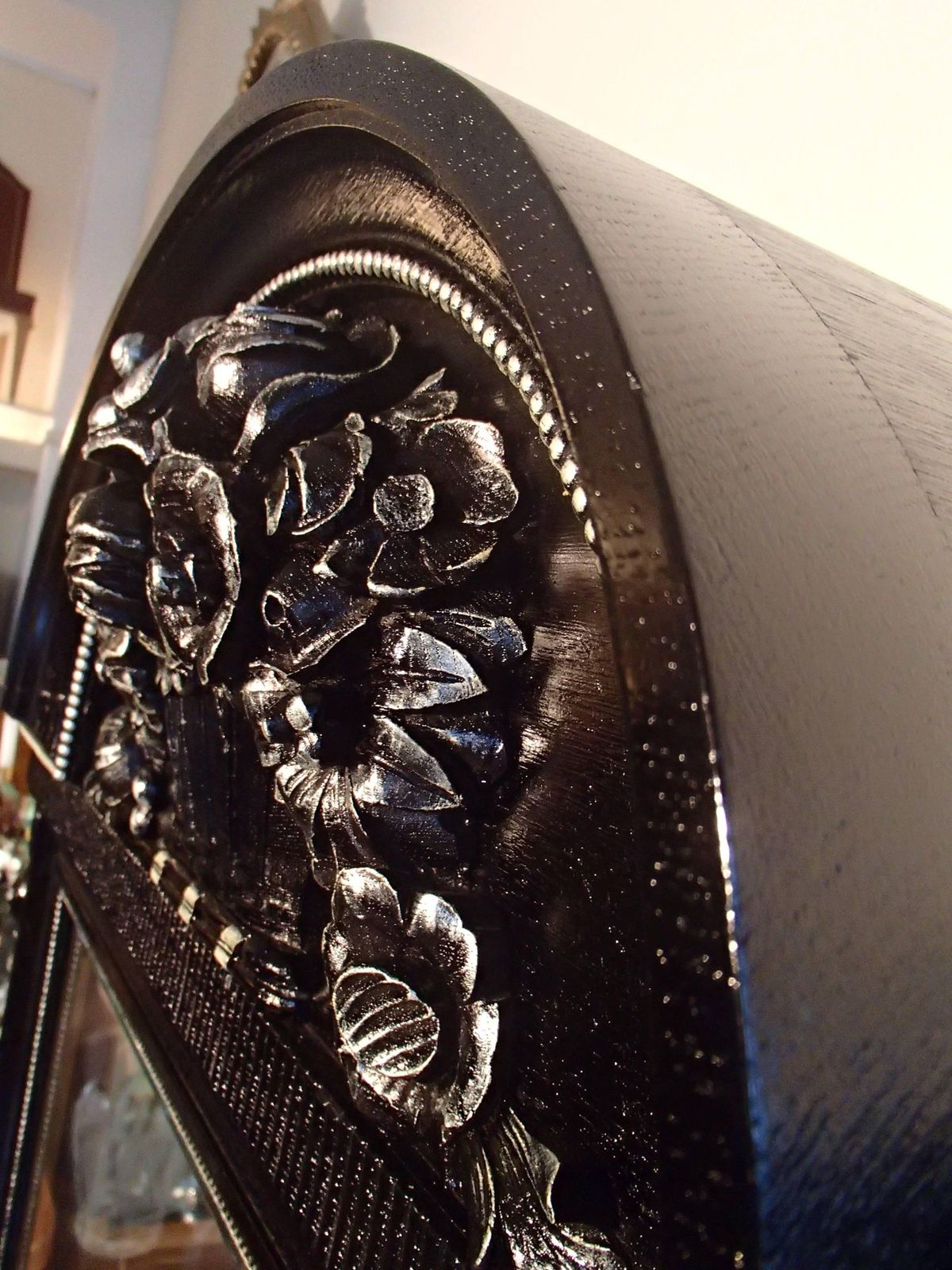 1880s Black Oak Cabinet With Carved Ornaments Original Silver Chrome Mirror photo vintage