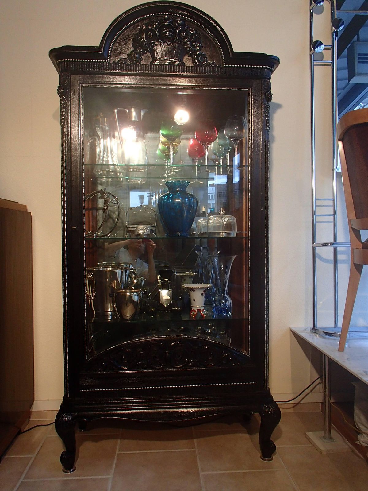 photo for sale 1880s Black Oak Cabinet With Carved Ornaments Original Silver Chrome Mirror