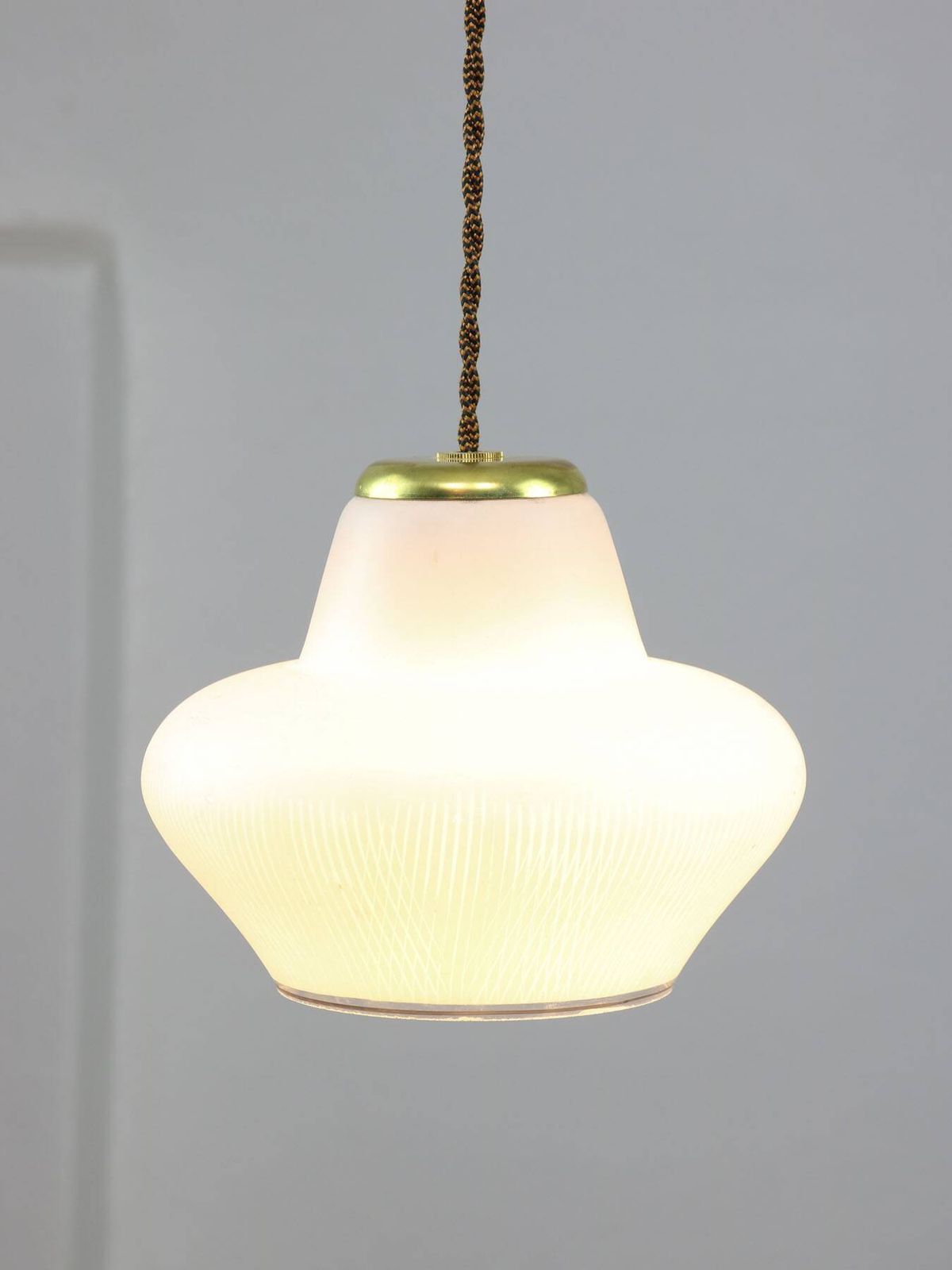 Small Italian Mid Century Pendant Lamp In Brass And Opaline Glass photo for sale