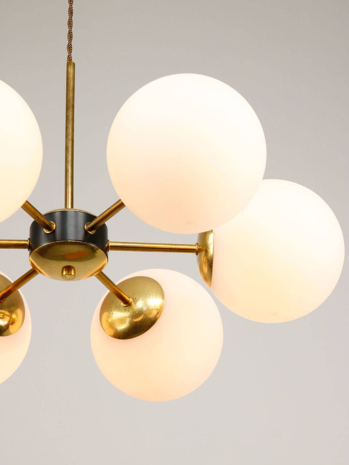 Sputnik 6 Arm Chandelier In Mid Century Modern Italian Style With Opaline Shades, 19 photo for sale