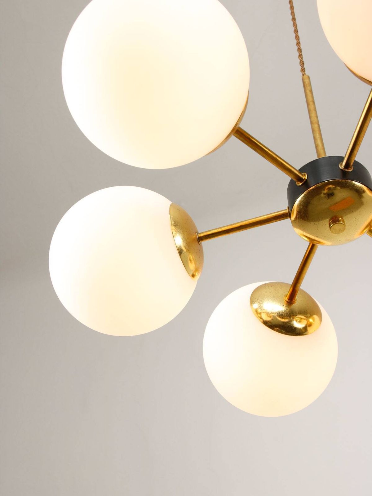 Sputnik 6 Arm Chandelier In Mid Century Modern Italian Style With Opaline Shades, 19 photo vintage