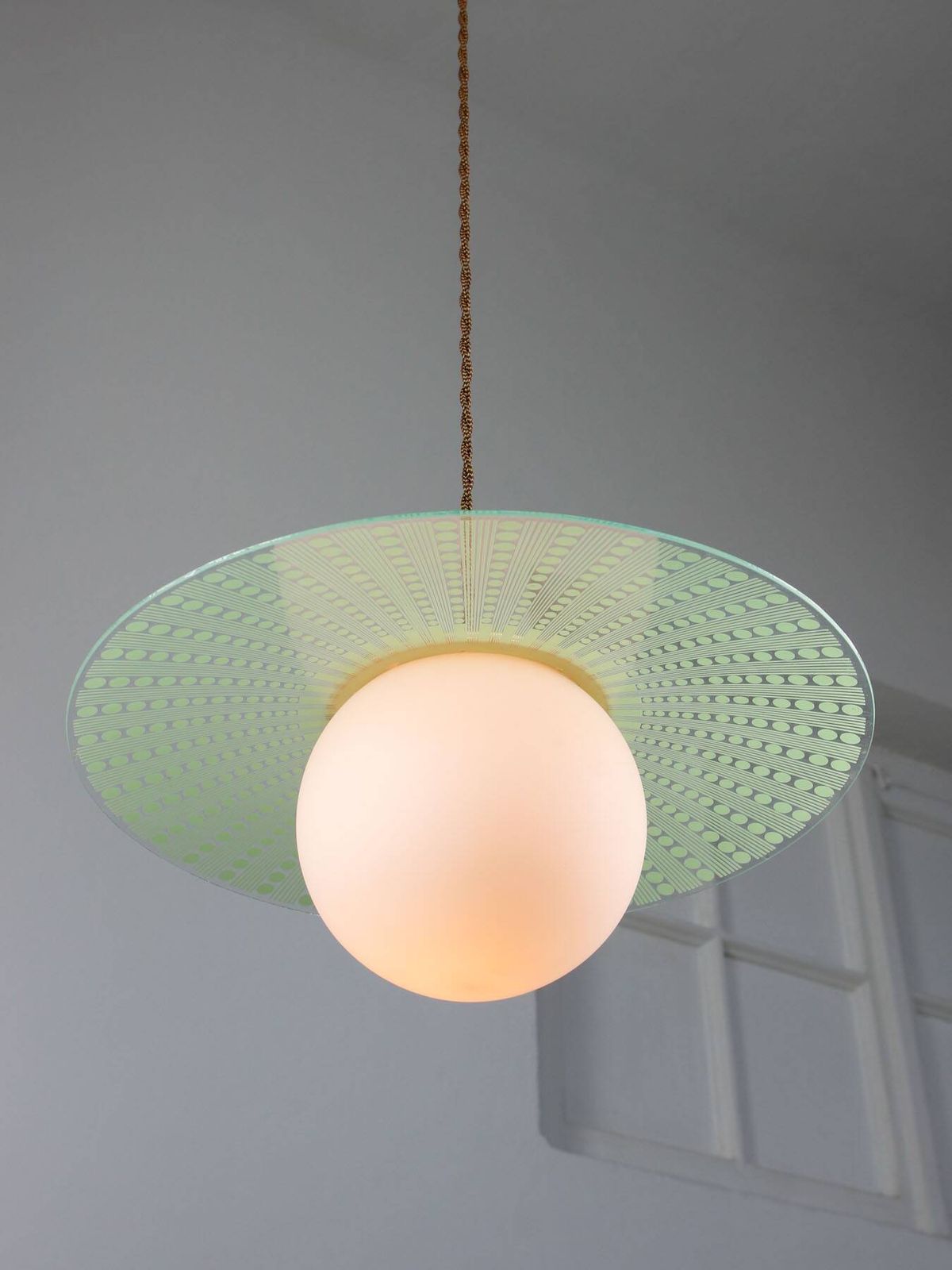 Mid Century Italian Angel Pendant Lamp In Brass And Opaline Glass photo for sale