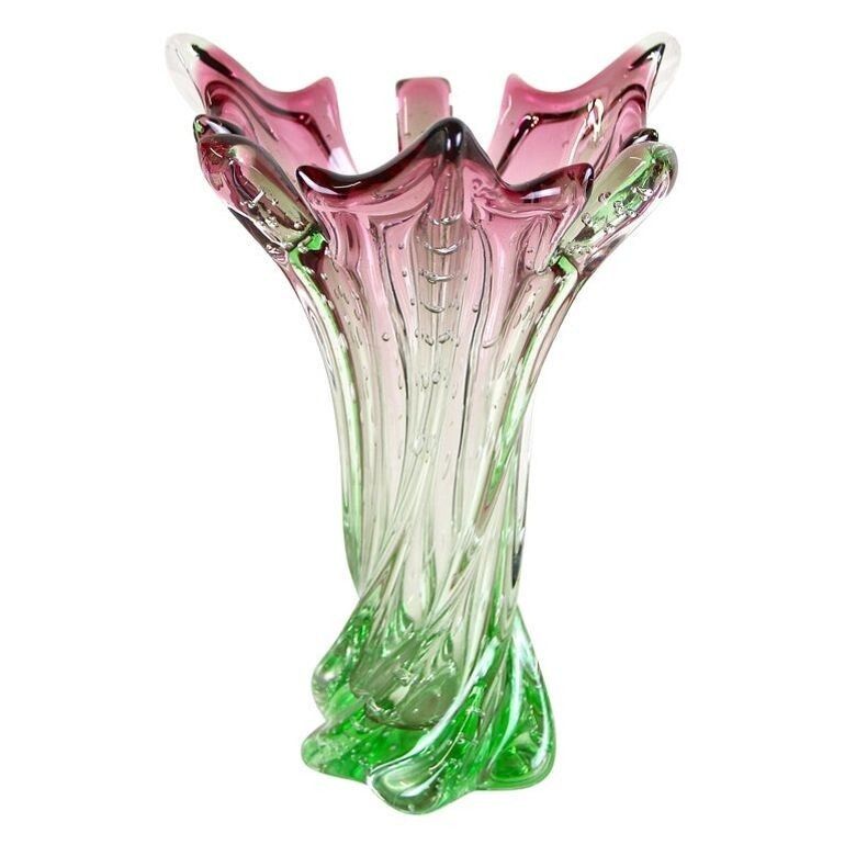 20th Century Sommerso Murano Glass Vase   Pink/ Green, Italy, Circa 1960/70