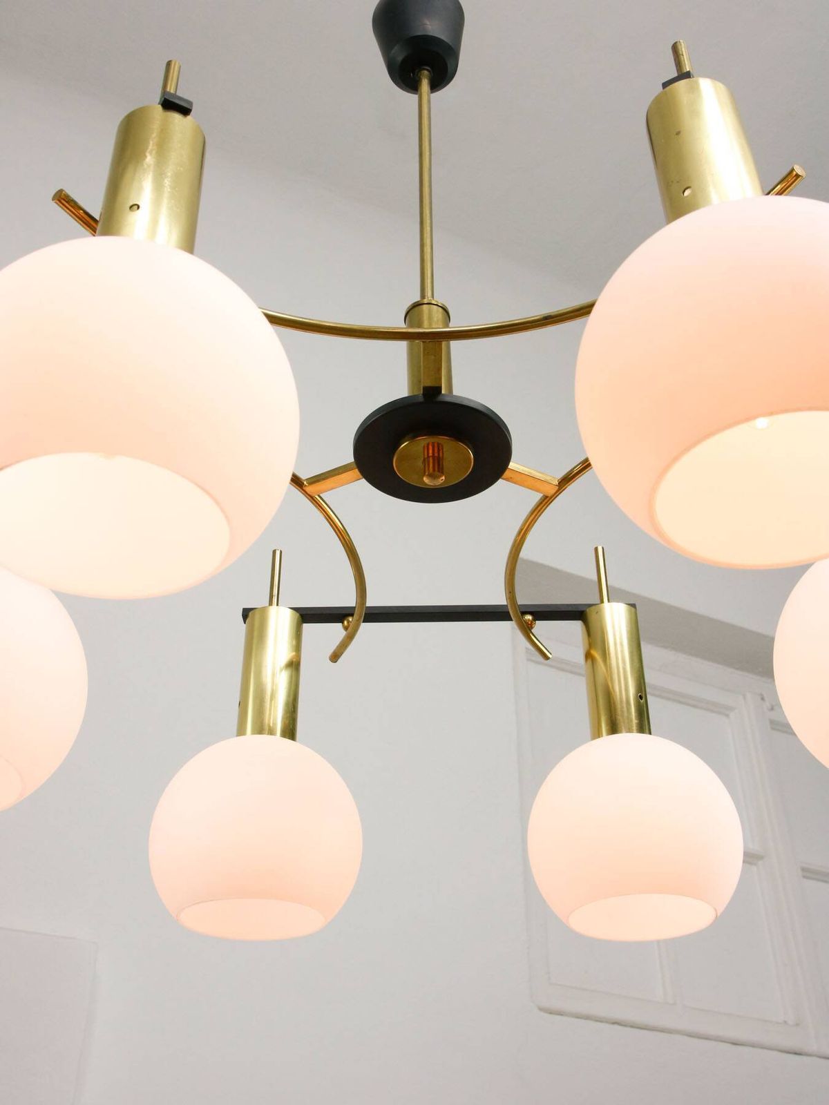 Mid Century Modern Italian Brass And Opaline Chandelier photo Lighting