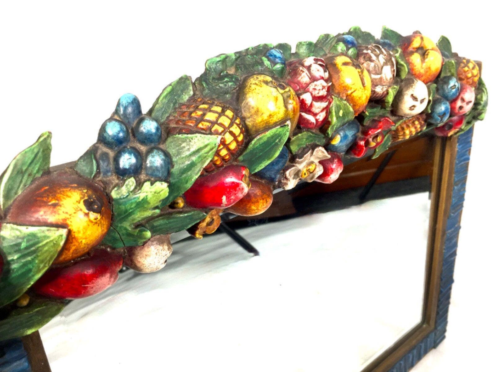 Antique Tabletop Mirror Barbola Decorative Style With Fruit & Flowers C.1930 photo vintage