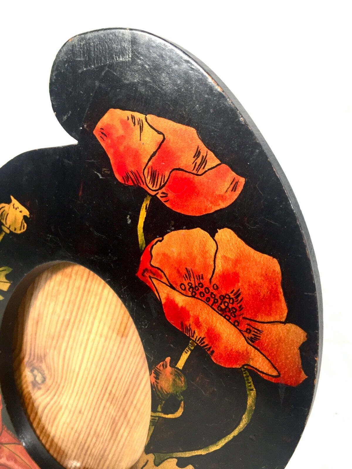 Antique Pair Of Matching Wooden Hand Painted Photo Frames / Poppy Design C1900 photo Home Decor