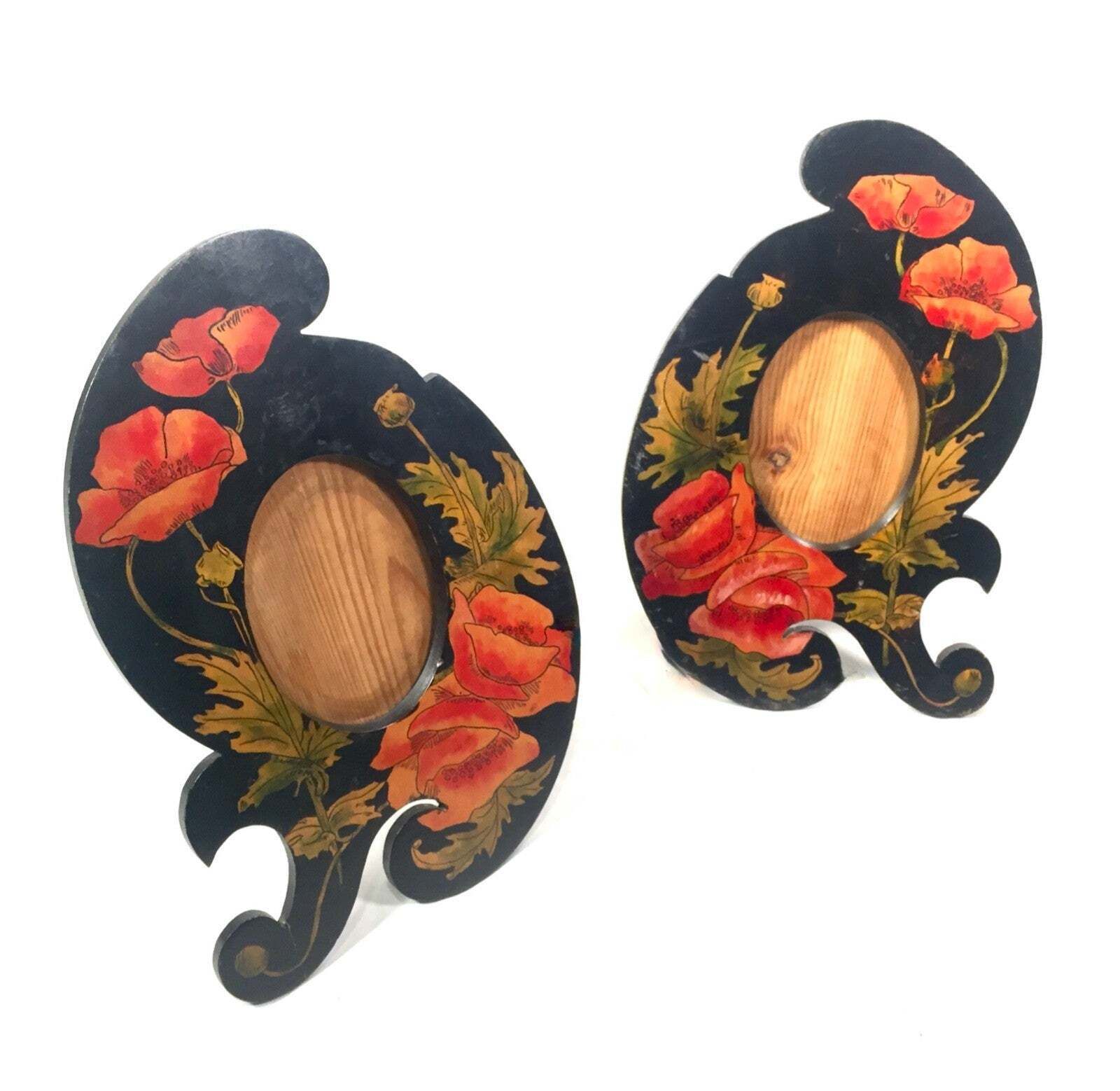 Antique Pair Of Matching Wooden Hand Painted Photo Frames / Poppy Design C1900 photo 189.0