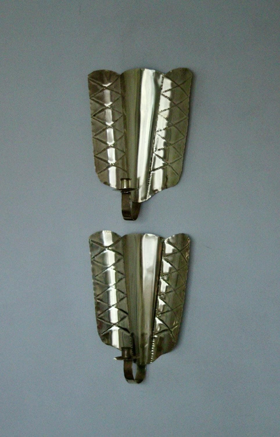 Pair Of Mid Century Swedish Brass Shield Shape Sconces photo vintage