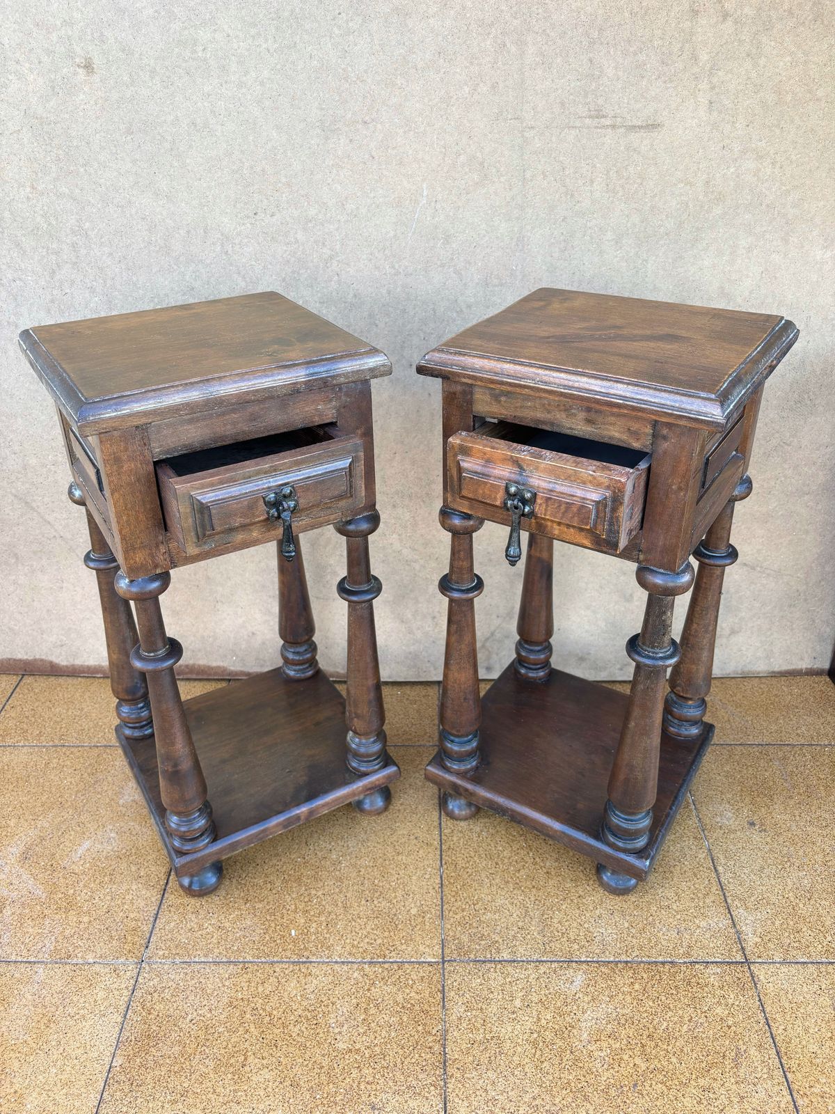 Pair Of Spanish Baroque Revival Oak Pedestal Side Tables With Drawers, Circa 1920 photo vintage