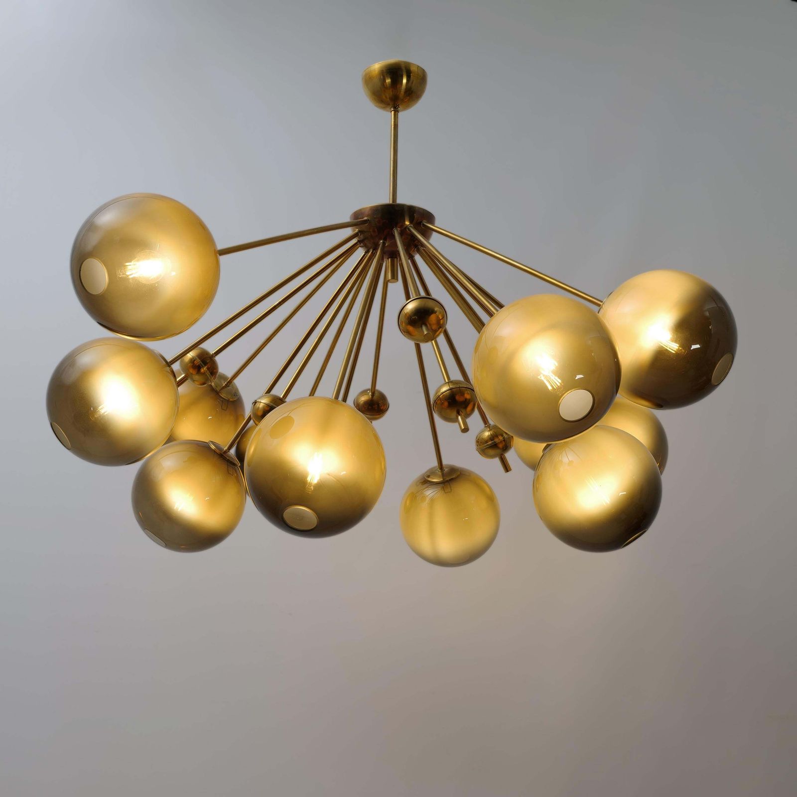 “Galaxy” Chandelier In Brass And Fumé Murano Glass photo for sale