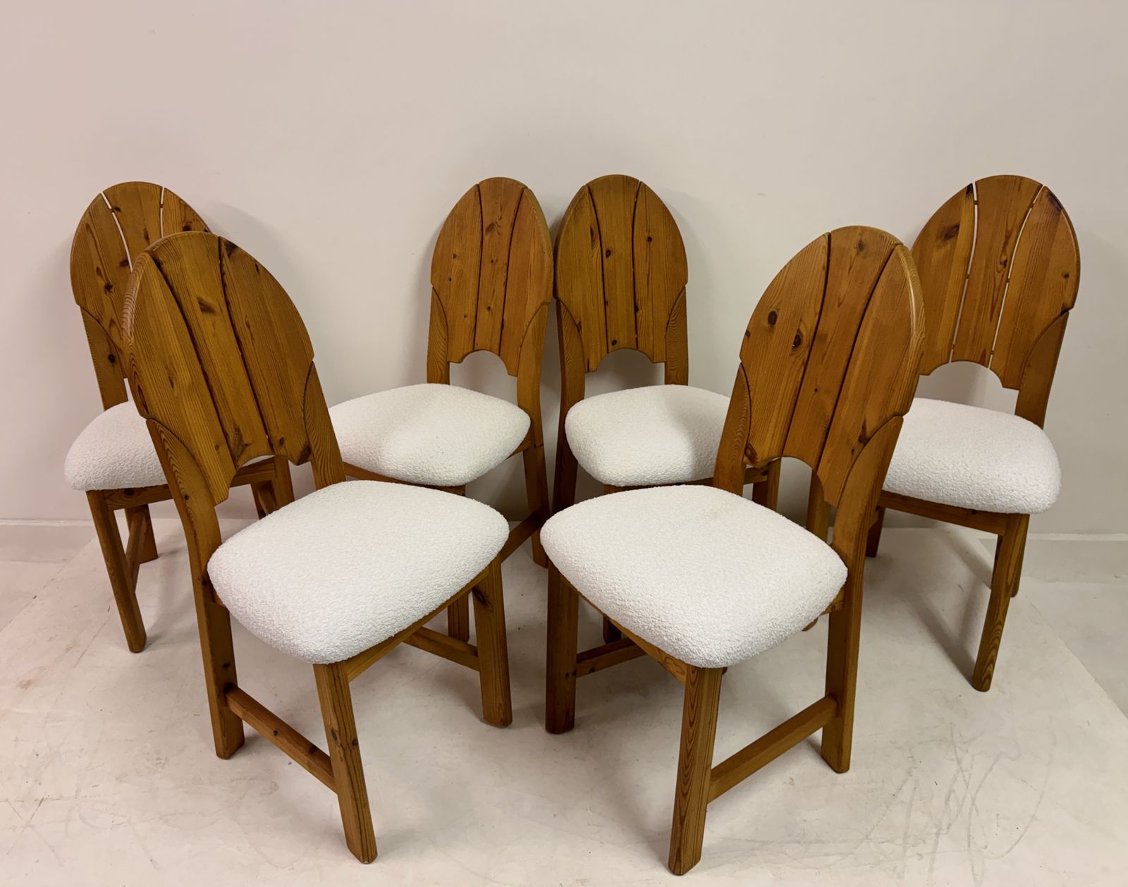 Set Of Six Pine And Boucle Scandianavian Dining Chairs photo Furniture