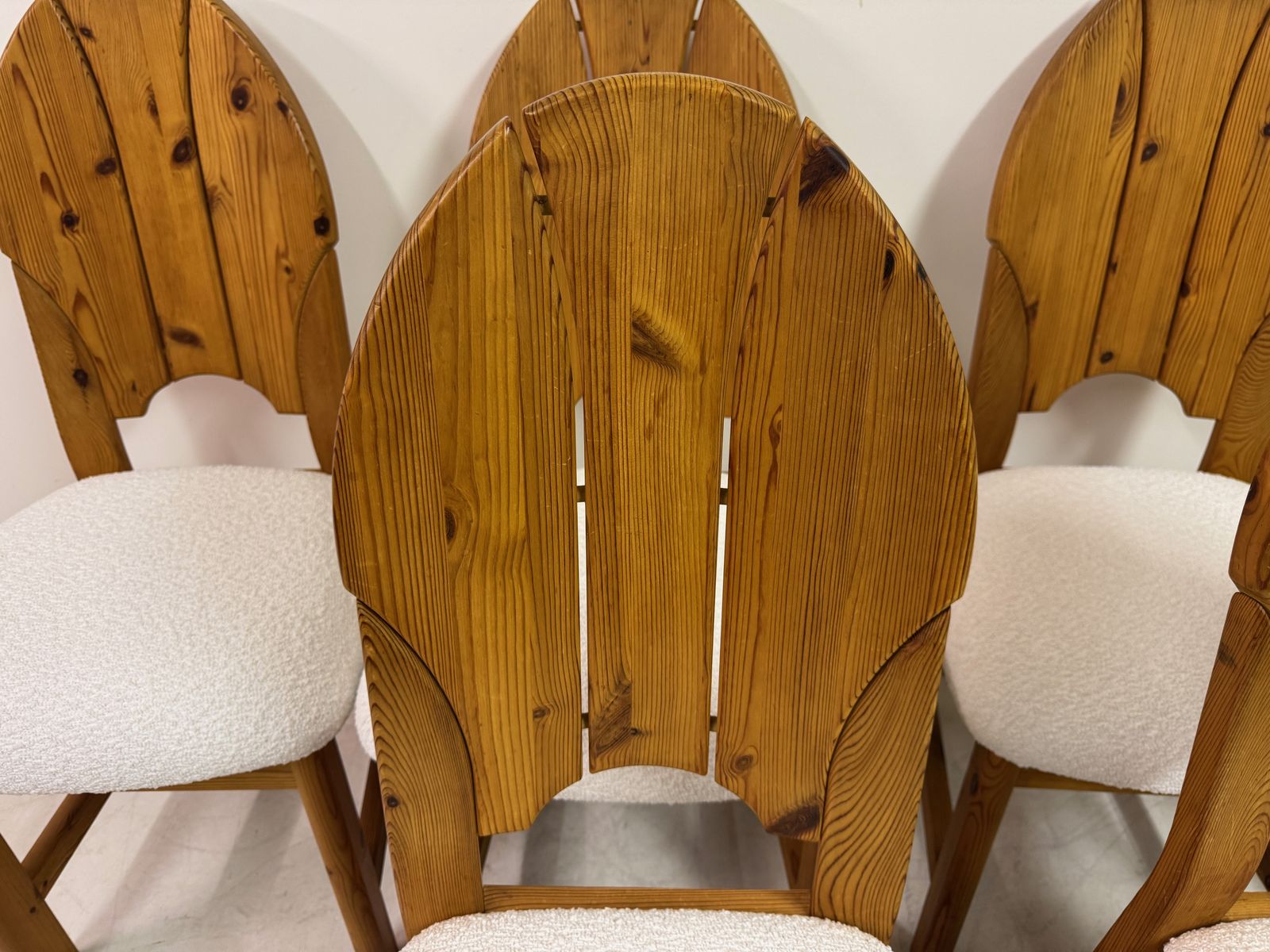 photo for sale Set Of Six Pine And Boucle Scandianavian Dining Chairs