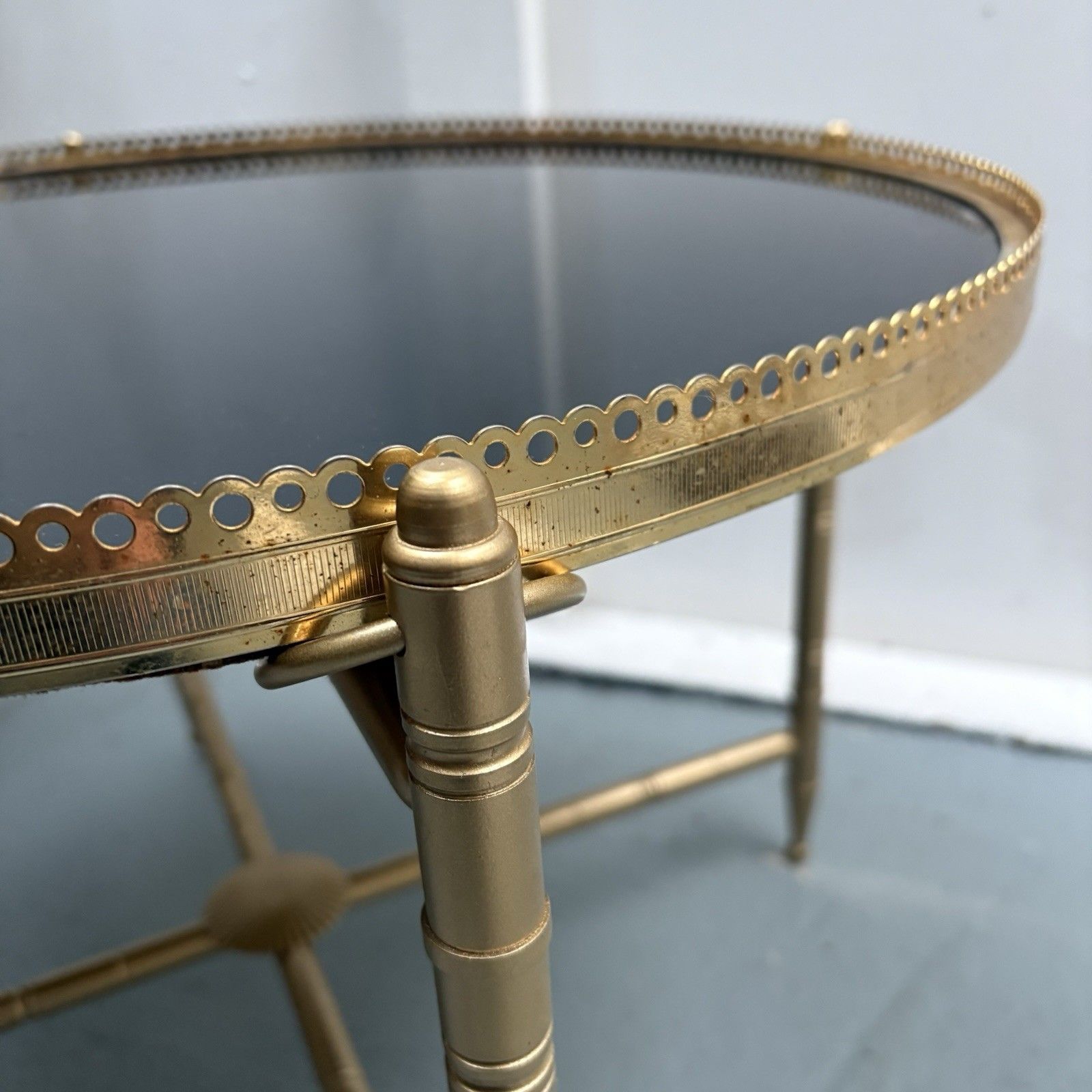 French Neoclassical Maison Jensen Gilded Brass Galleried Black Glass Side Table photo Furniture