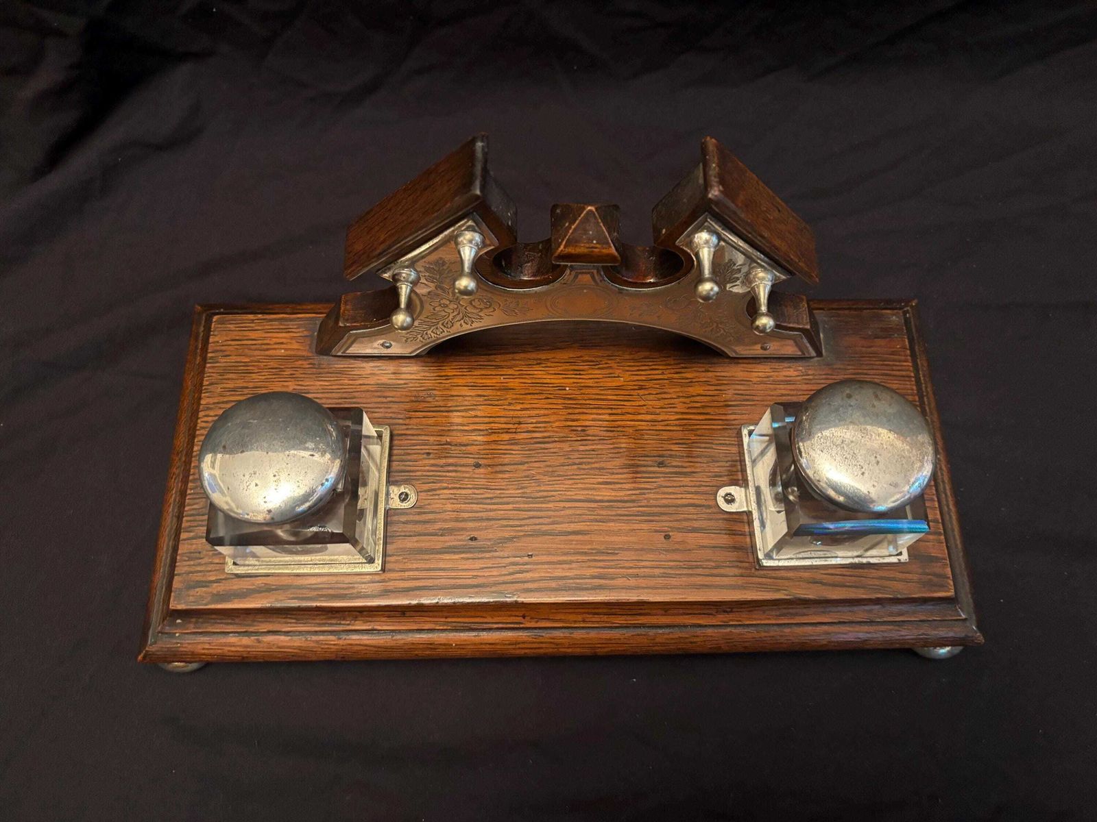Antique Victorian Oak And Silver Plate Mounted Desk Stand Inkstand Inkwells photo furniture