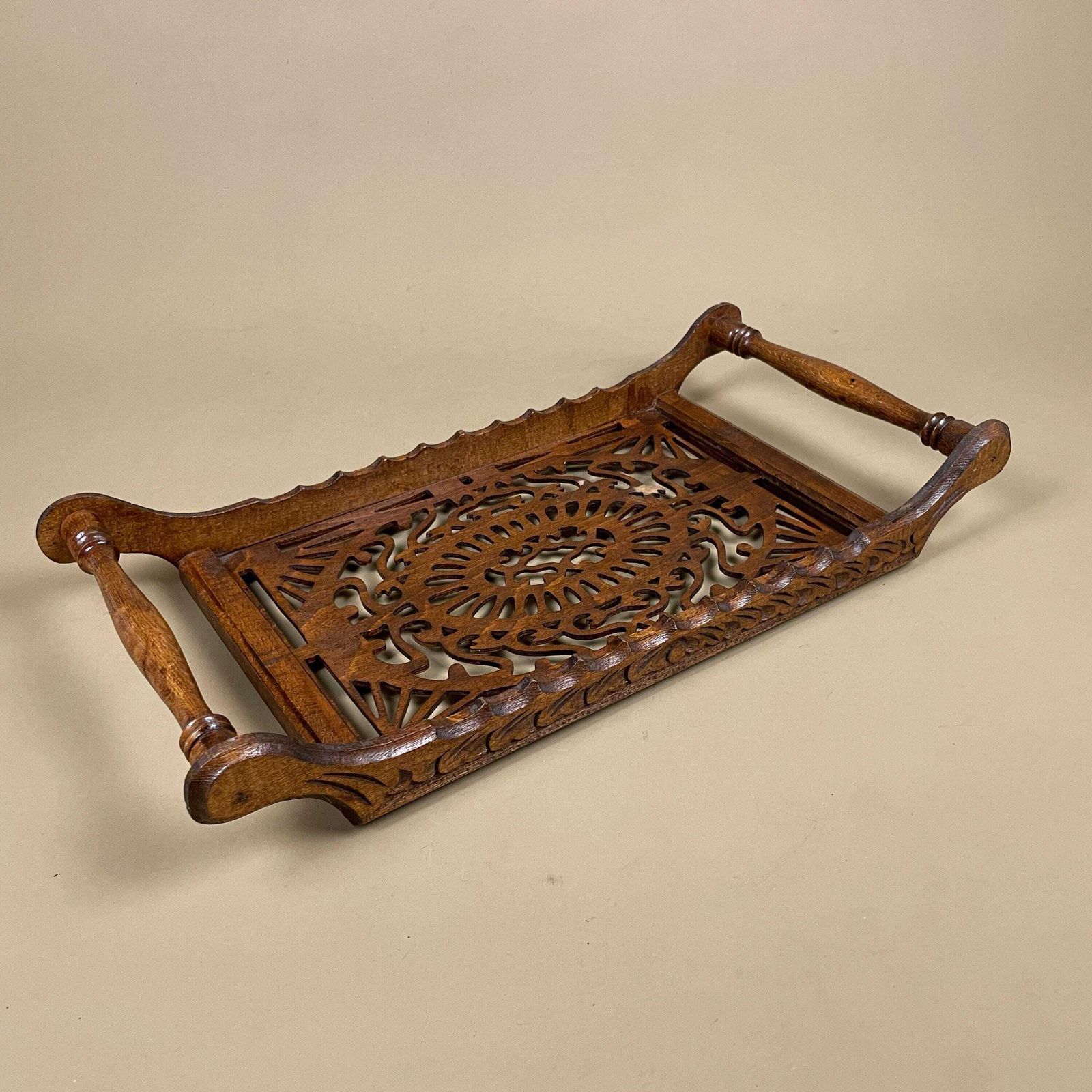 Antique Wooden Tray Rectangle Wood Hand Carved Handmade Carving Detail Handles Ornate Original Pattern Patterned Cut Out Sleigh Brown
