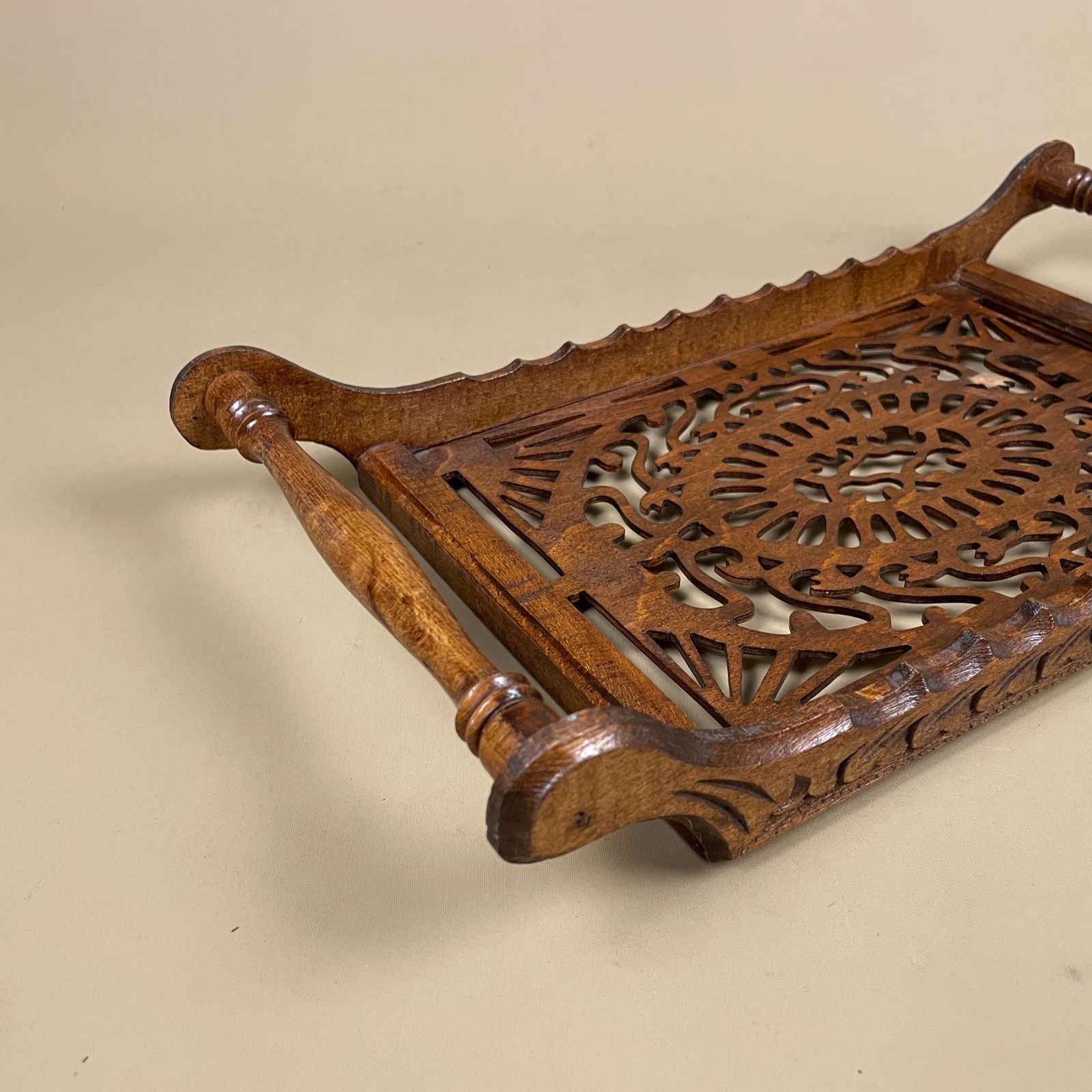 Antique Wooden Tray Rectangle Wood Hand Carved Handmade Carving Detail Handles Ornate Original Pattern Patterned Cut Out Sleigh Brown photo for sale