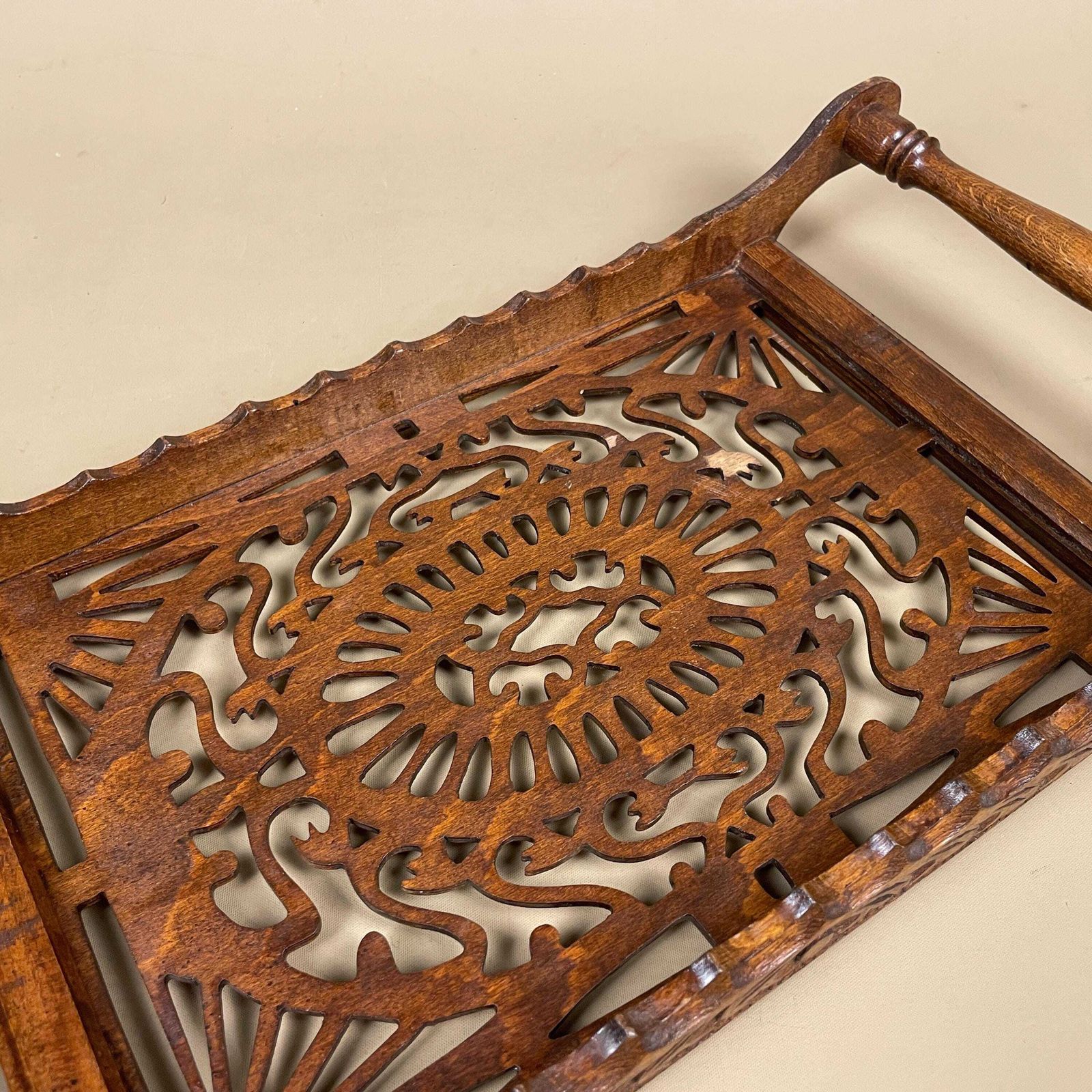 Antique Wooden Tray Rectangle Wood Hand Carved Handmade Carving Detail Handles Ornate Original Pattern Patterned Cut Out Sleigh Brown photo Home Decor