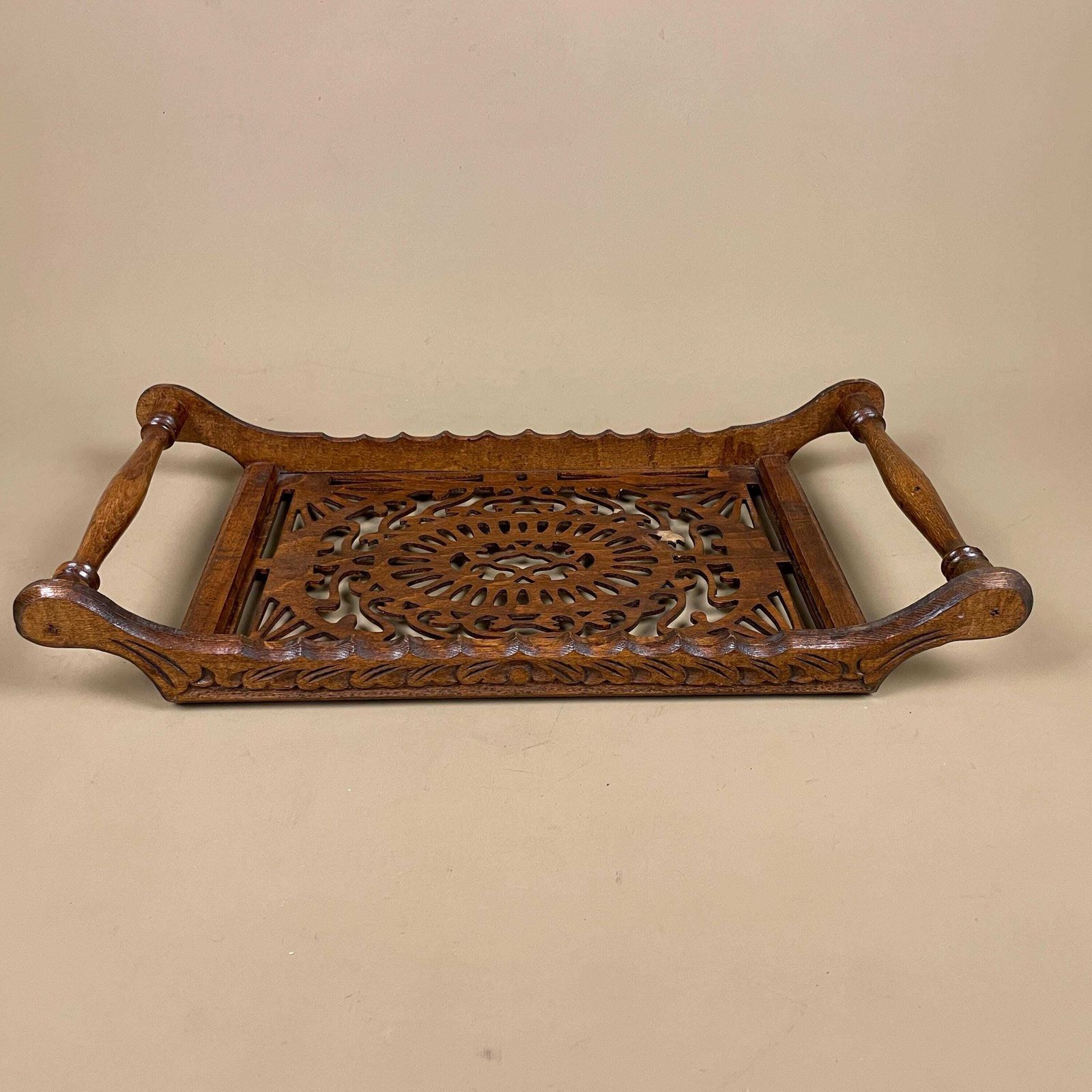 Antique Wooden Tray Rectangle Wood Hand Carved Handmade Carving Detail Handles Ornate Original Pattern Patterned Cut Out Sleigh Brown photo 65.0