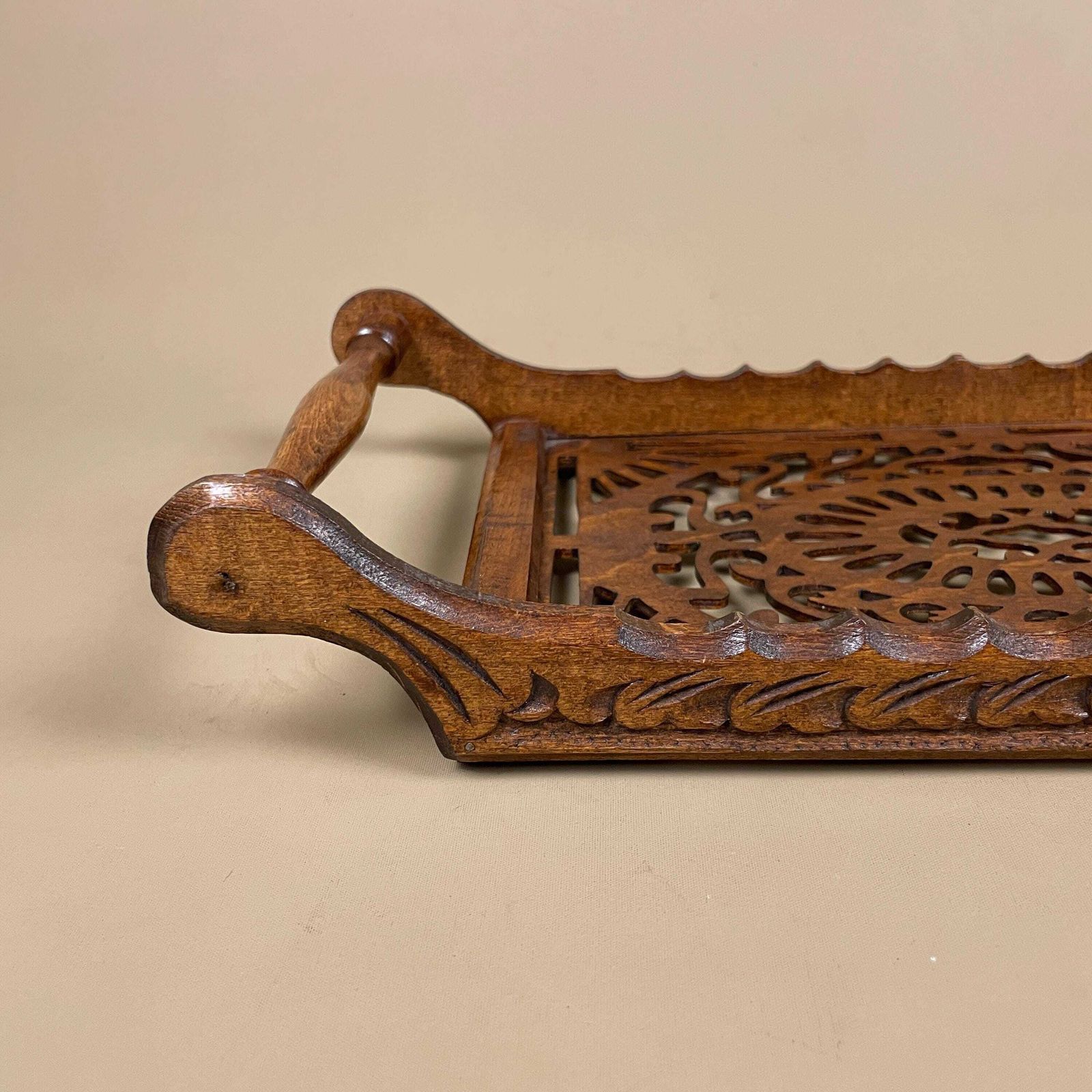 Antique Wooden Tray Rectangle Wood Hand Carved Handmade Carving Detail Handles Ornate Original Pattern Patterned Cut Out Sleigh Brown photo vinterior