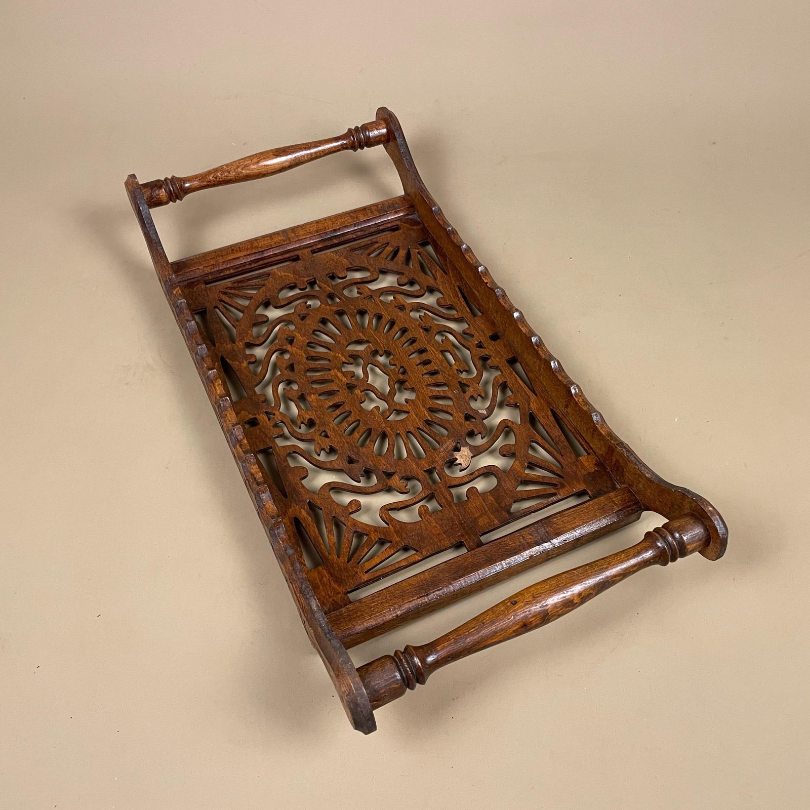 Antique Wooden Tray Rectangle Wood Hand Carved Handmade Carving Detail Handles Ornate Original Pattern Patterned Cut Out Sleigh Brown photo buy