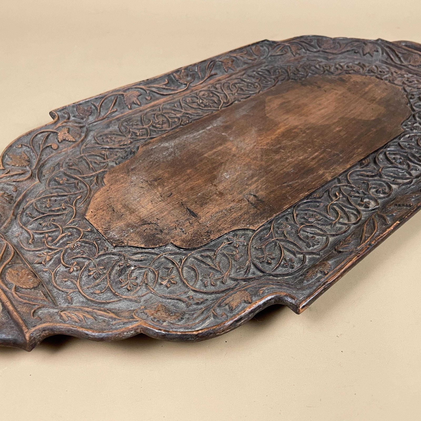 Antique Hand Carved Wooden Tray Floral Leaves Patterned Detail Ornate Oval Wood Original Pattern C.Early 1900's Handles Display Drinks photo vinterior