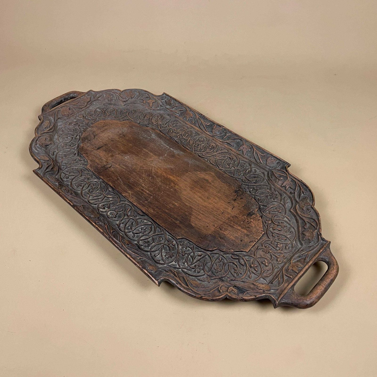 Antique Hand Carved Wooden Tray Floral Leaves Patterned Detail Ornate Oval Wood Original Pattern C.Early 1900's Handles Display Drinks photo buy