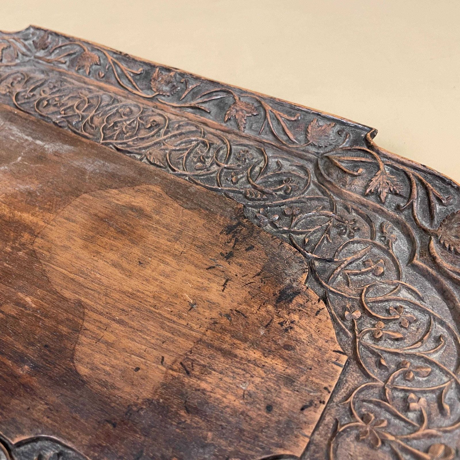 photo for sale Antique Hand Carved Wooden Tray Floral Leaves Patterned Detail Ornate Oval Wood Original Pattern C.Early 1900's Handles Display Drinks