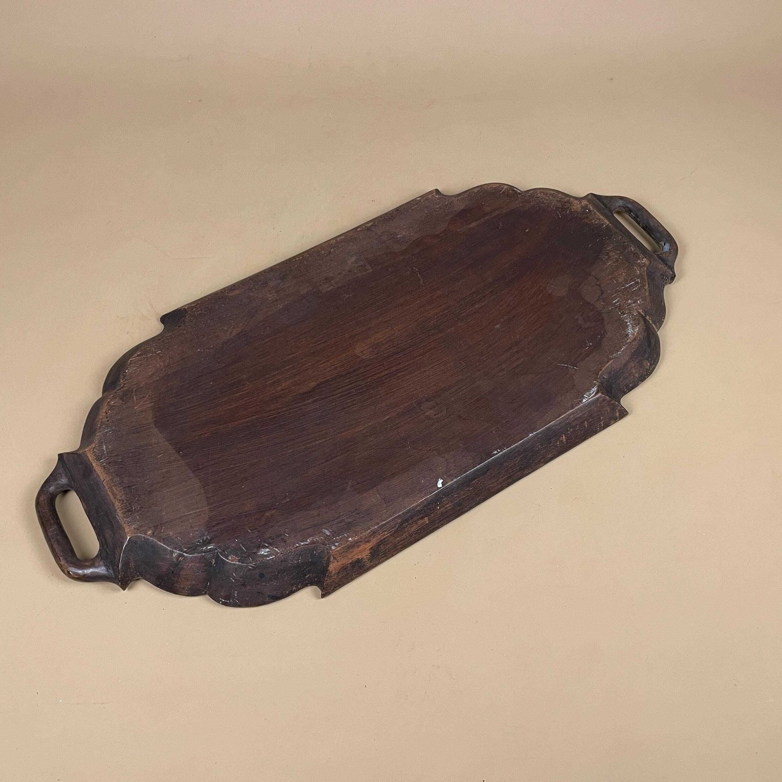 Home Decor Antique Hand Carved Wooden Tray Floral Leaves Patterned Detail Ornate Oval Wood Original Pattern C.Early 1900's Handles Display Drinks photo