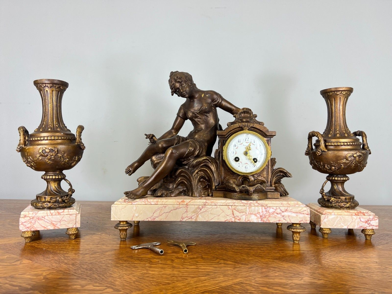 Mantel Clock Antique French Art Nouveau Style Bronze Garniture Set Lot 4639